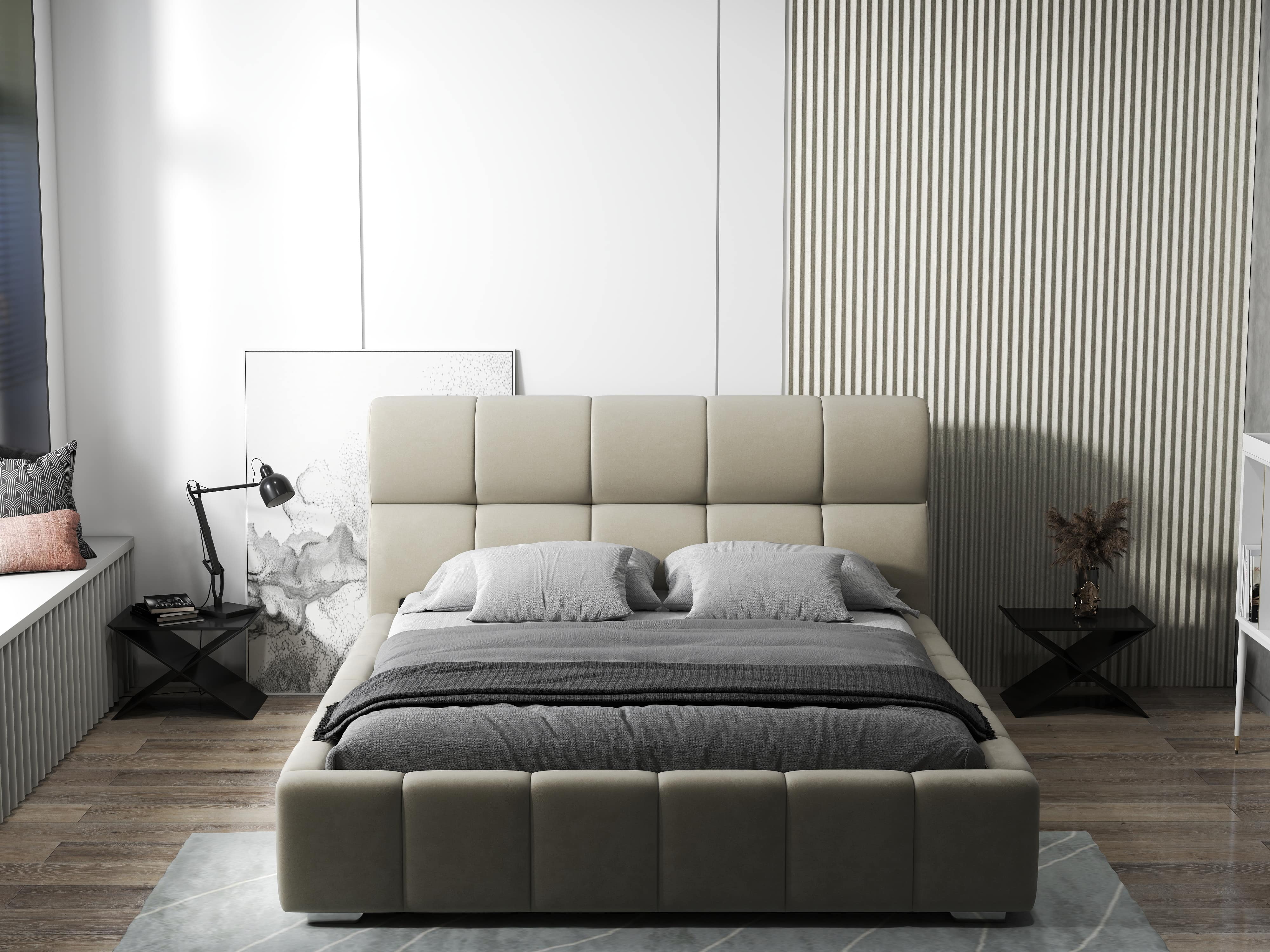 Pat dormitor dumonde, tapitat bej, Prestige 160x200 cm, somiera rabatabila inclusa, spatiu depozitare WLS