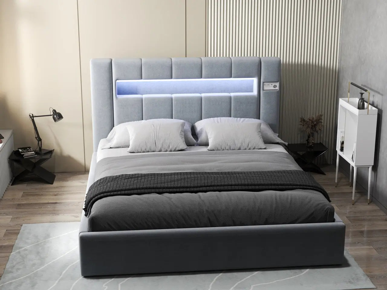 Pat dormitor dumonde, tapitat gri, Glow 180x200 cm, somiera rabatabila inclusa, spatiu depozitare WLS