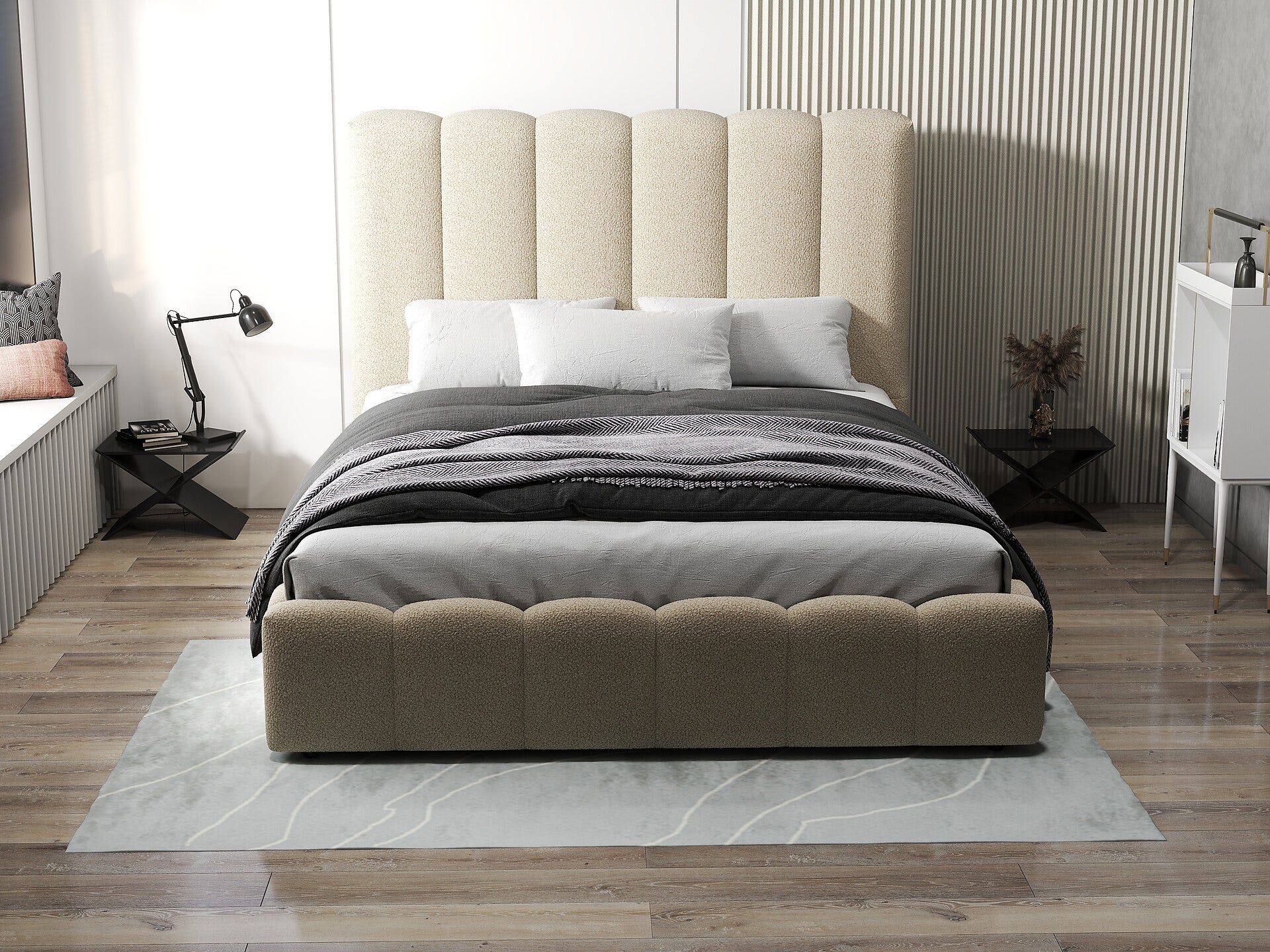 Pat dormitor dumonde, tapitat bej, Milano 160x200 cm, somiera rabatabila inclusa, spatiu depozitare