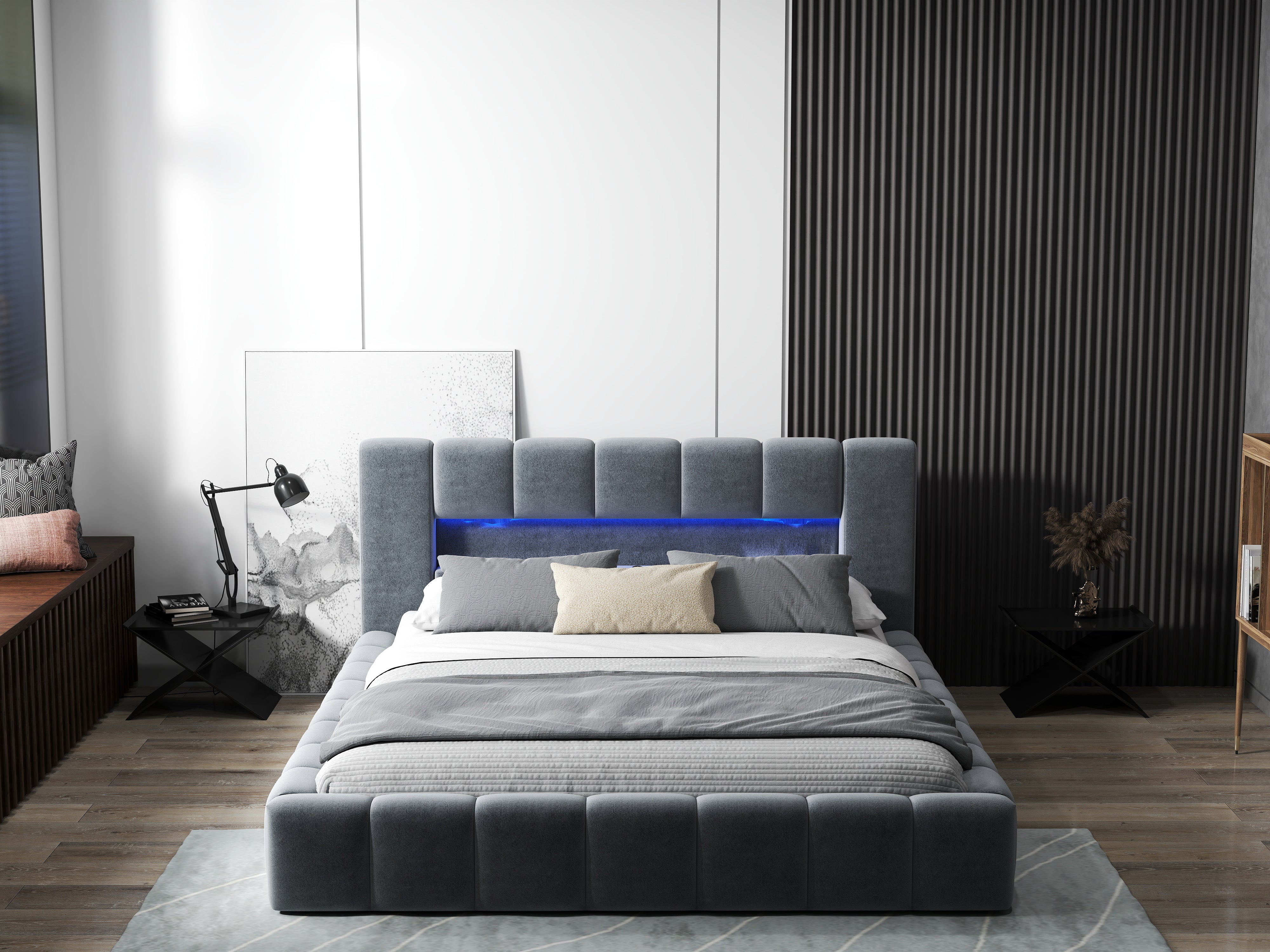 Pat dormitor dumonde, tapitat gri cu LED si USB, Palermo 180x200 cm, somiera rabatabila inclusa, spatiu depozitare WLS