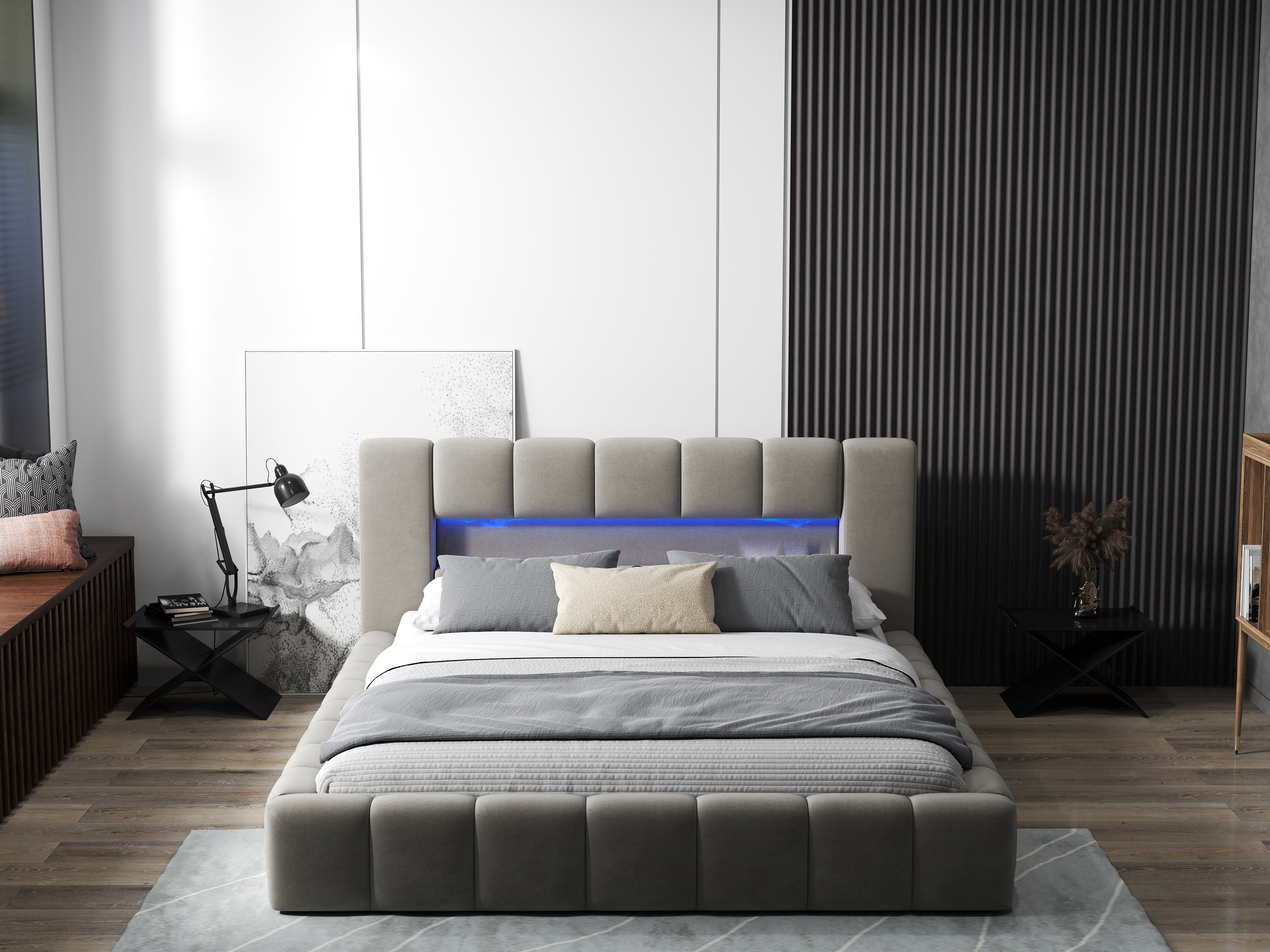 Pat dormitor dumonde, tapitat bej cu LED si USB, Palermo 160x200 cm, somiera rabatabila inclusa, spatiu depozitare WLS