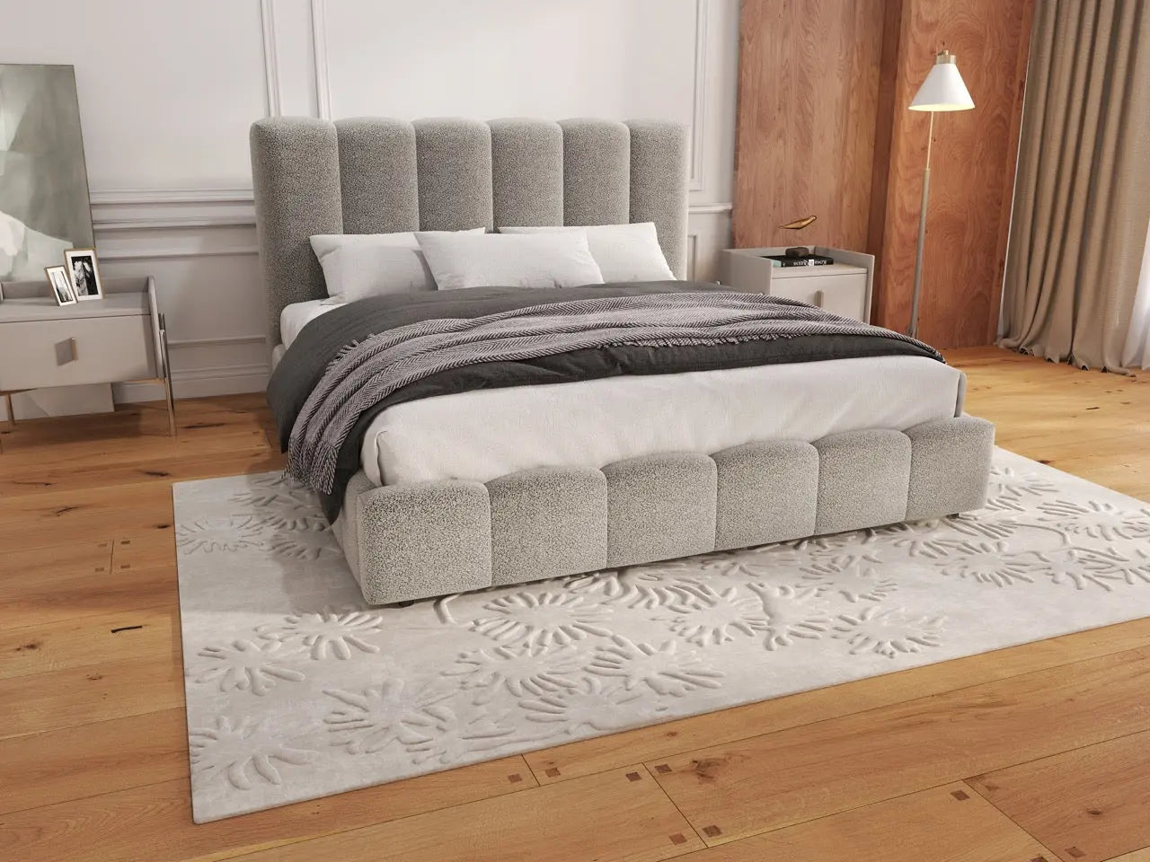 Pat dormitor dumonde, tapitat gri, Milano 140x200 cm, somiera rabatabila inclusa, spatiu depozitare WLS