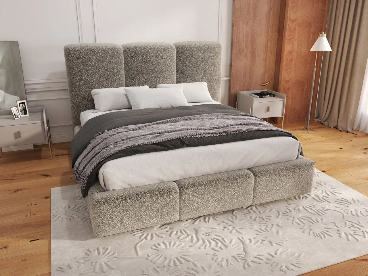Pat dormitor dumonde, tapitat gri, Dinasty 160x200 cm, somiera rabatabila inclusa, spatiu depozitare WLS