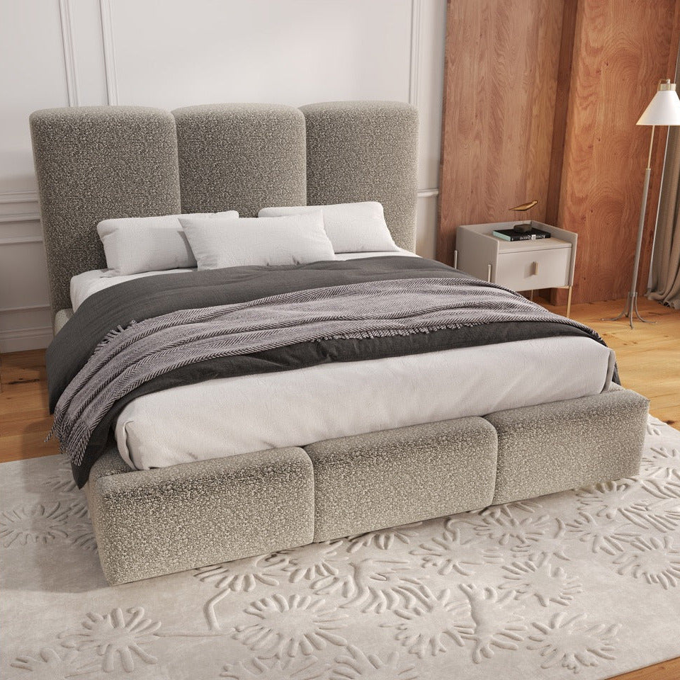 Pat dormitor dumonde, tapitat bej, Dinasty 180x200 cm, somiera rabatabila inclusa, spatiu depozitare