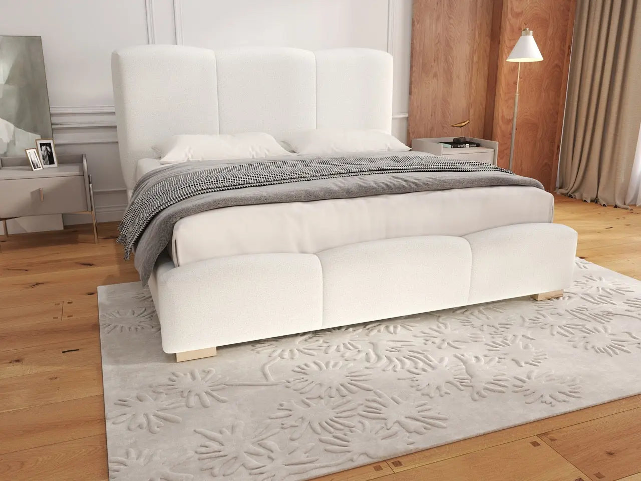 Pat dormitor dumonde, tapitat alb, Havana 140x200 cm, somiera rabatabila inclusa, spatiu depozitare WLS
