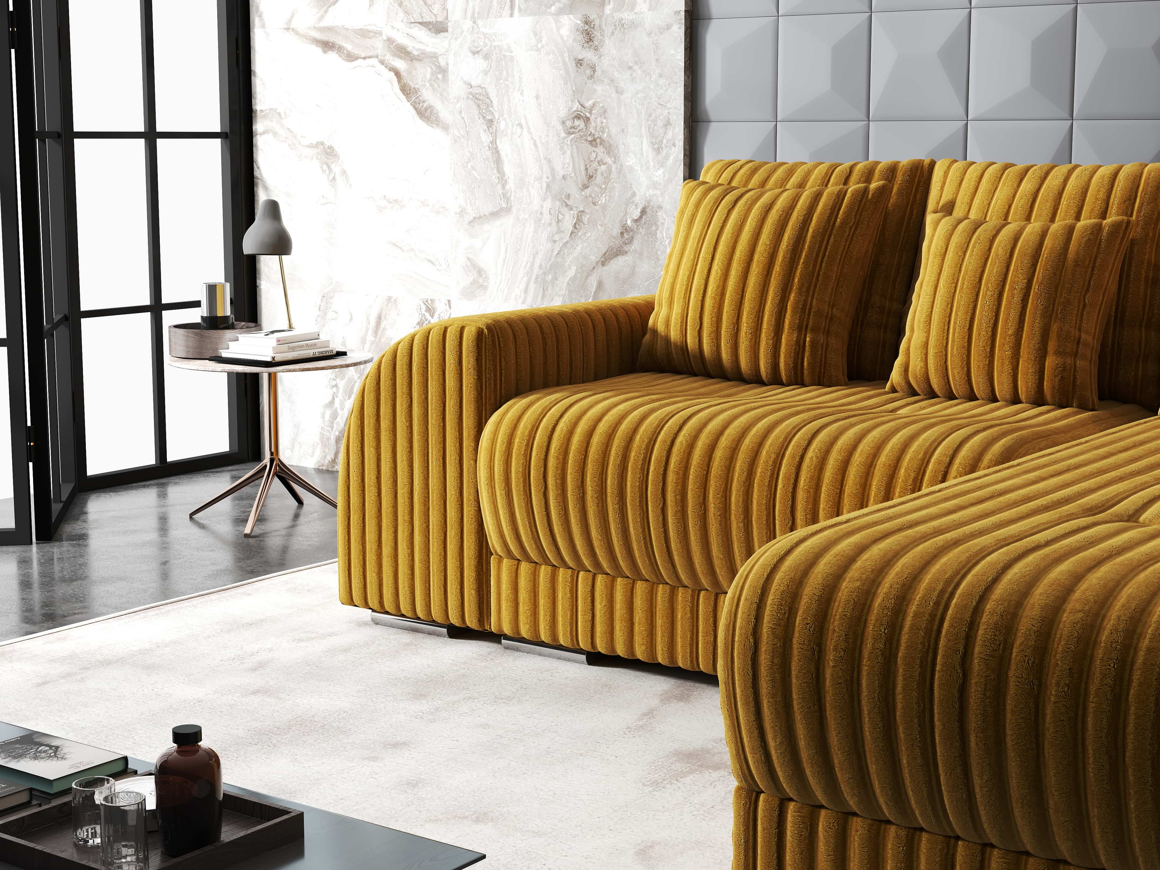 Colțar extensibil dumonde cu ladă de depozitare si sezut confortabil din spuma HR, Verona Ambience Mustar II 290x185 cm Fabrica