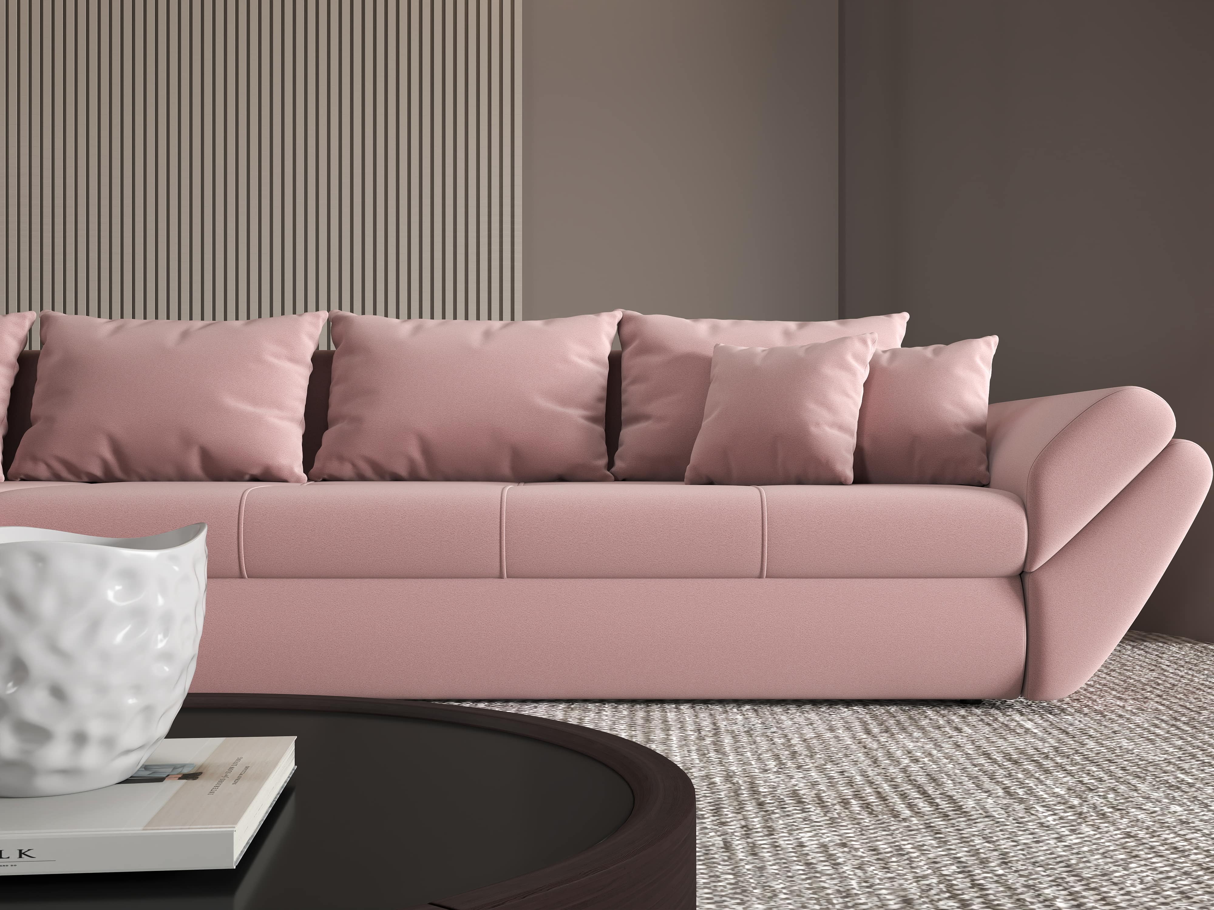 Colțar extensibil dumonde cu ladă de depozitare si sezut confortabil din spuma HR, Loana XL Royal Roz 335x185 cm Fabrica