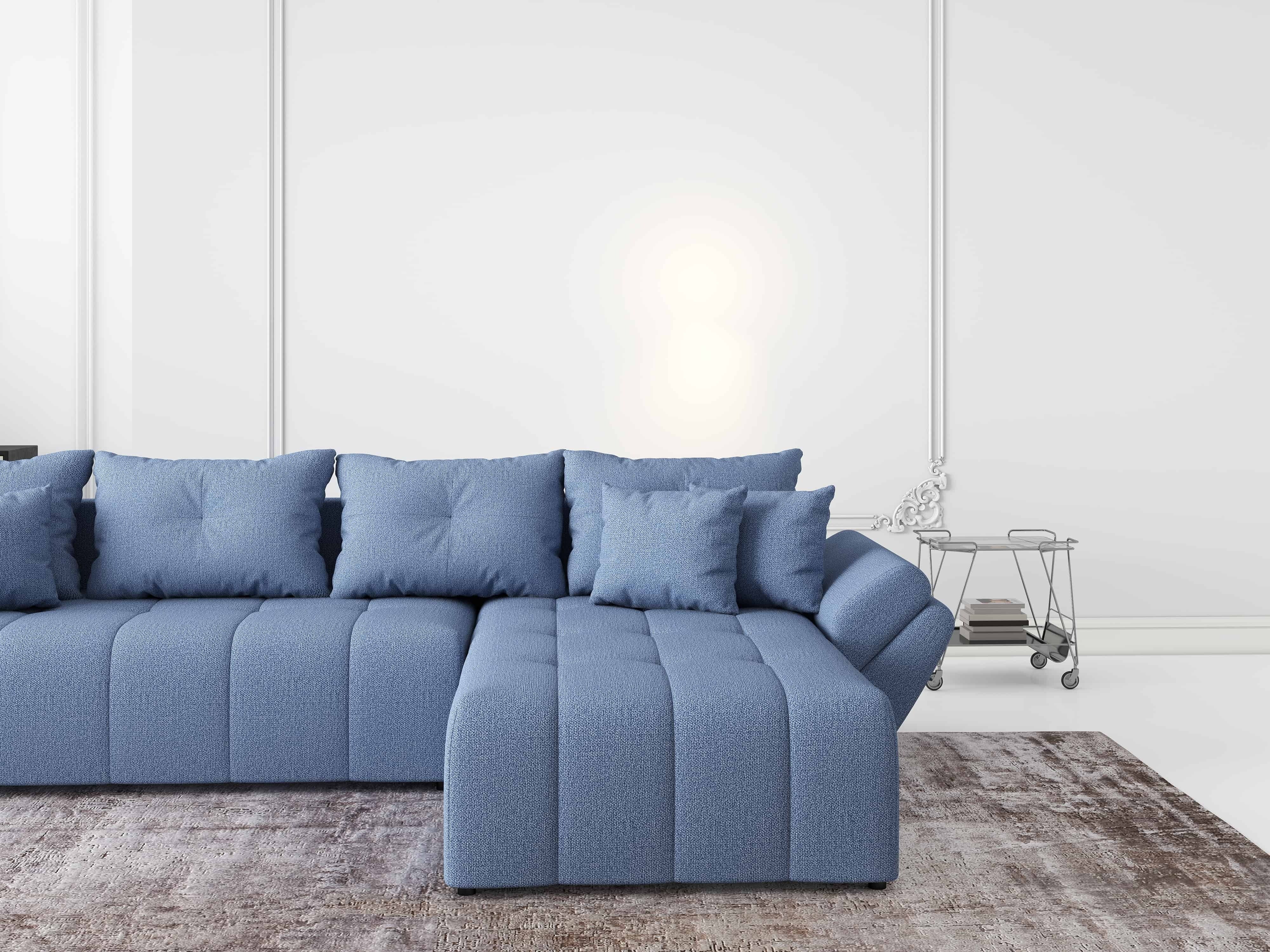 Colțar extensibil dumonde cu ladă de depozitare si sezut confortabil din spuma HR, Berlin XL Enjoy Blue 350x185 cm II Fabrica