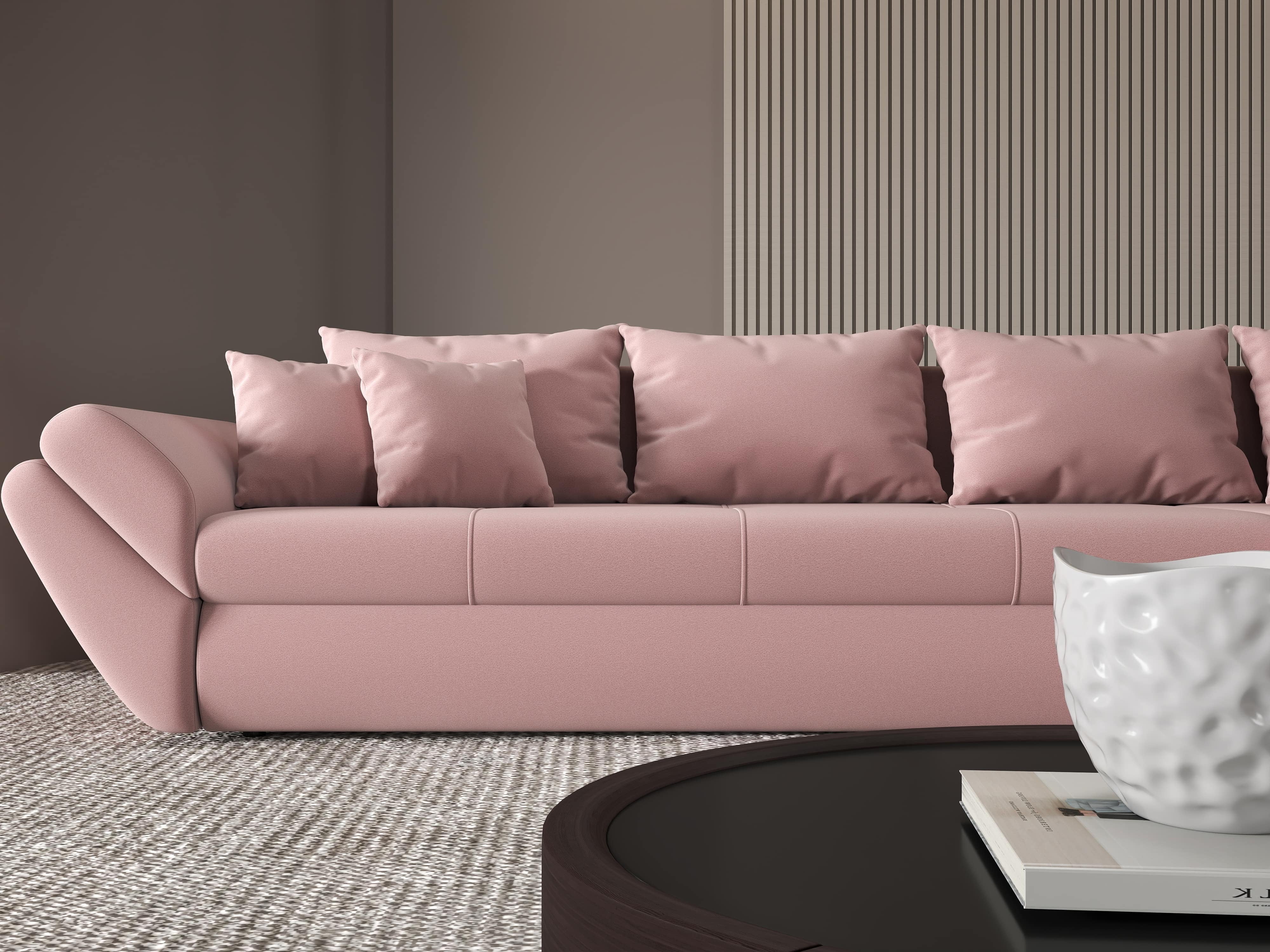 Colțar extensibil dumonde cu ladă de depozitare si sezut confortabil din spuma HR, Loana XL Royal Roz II 335x185 cm Fabrica