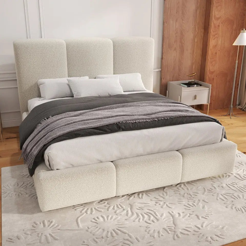 Pat dormitor dumonde, tapitat bej, Dinasty 160x200 cm, somiera rabatabila inclusa, spatiu depozitare WLS