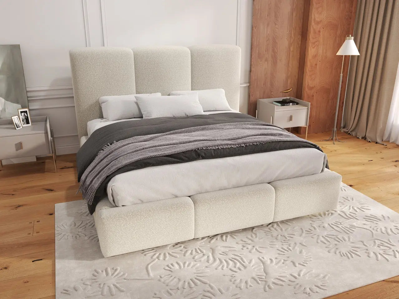 Pat dormitor dumonde, tapitat bej, Dinasty 160x200 cm, somiera rabatabila inclusa, spatiu depozitare WLS