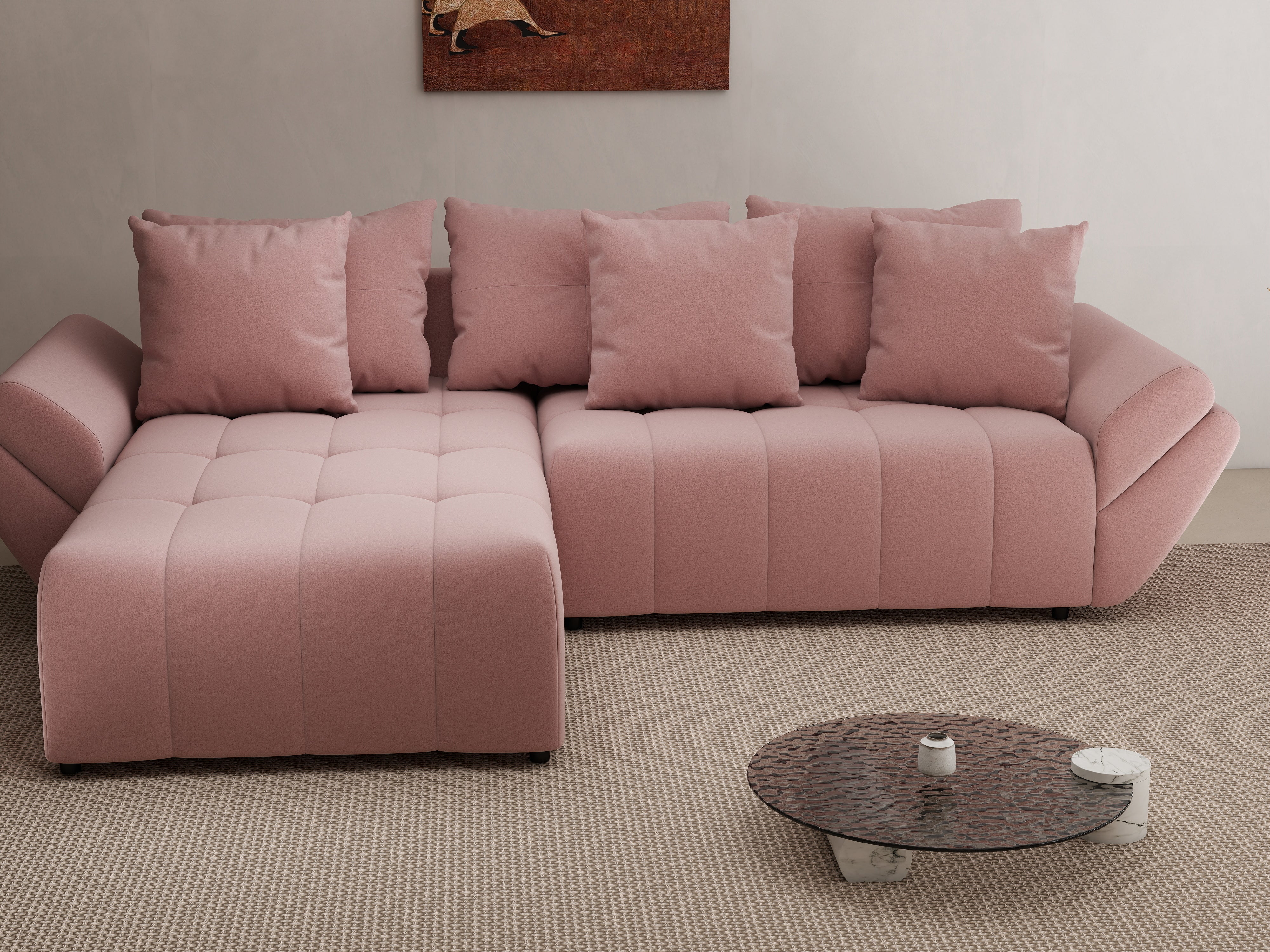 Colțar extensibil dumonde cu ladă de depozitare si sezut confortabil din spuma HR, Berlin Royal Roz 280x185 cm Fabrica