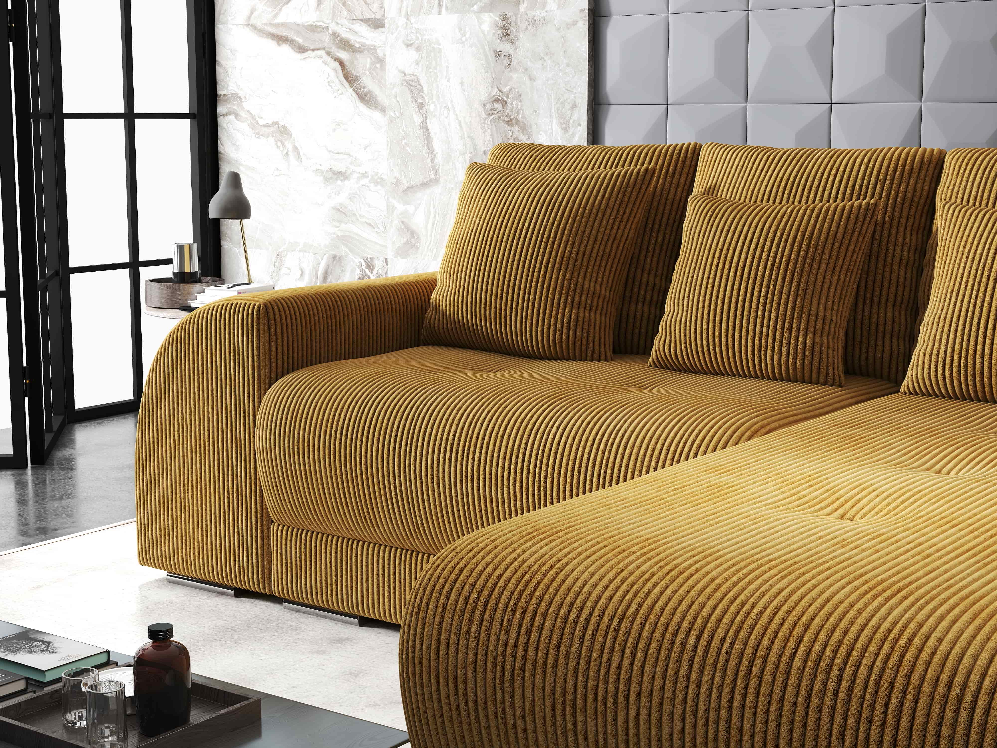 Colțar extensibil dumonde cu ladă de depozitare si sezut confortabil din spuma HR, Verona Zoom Mustar 290x185 cm Fabrica