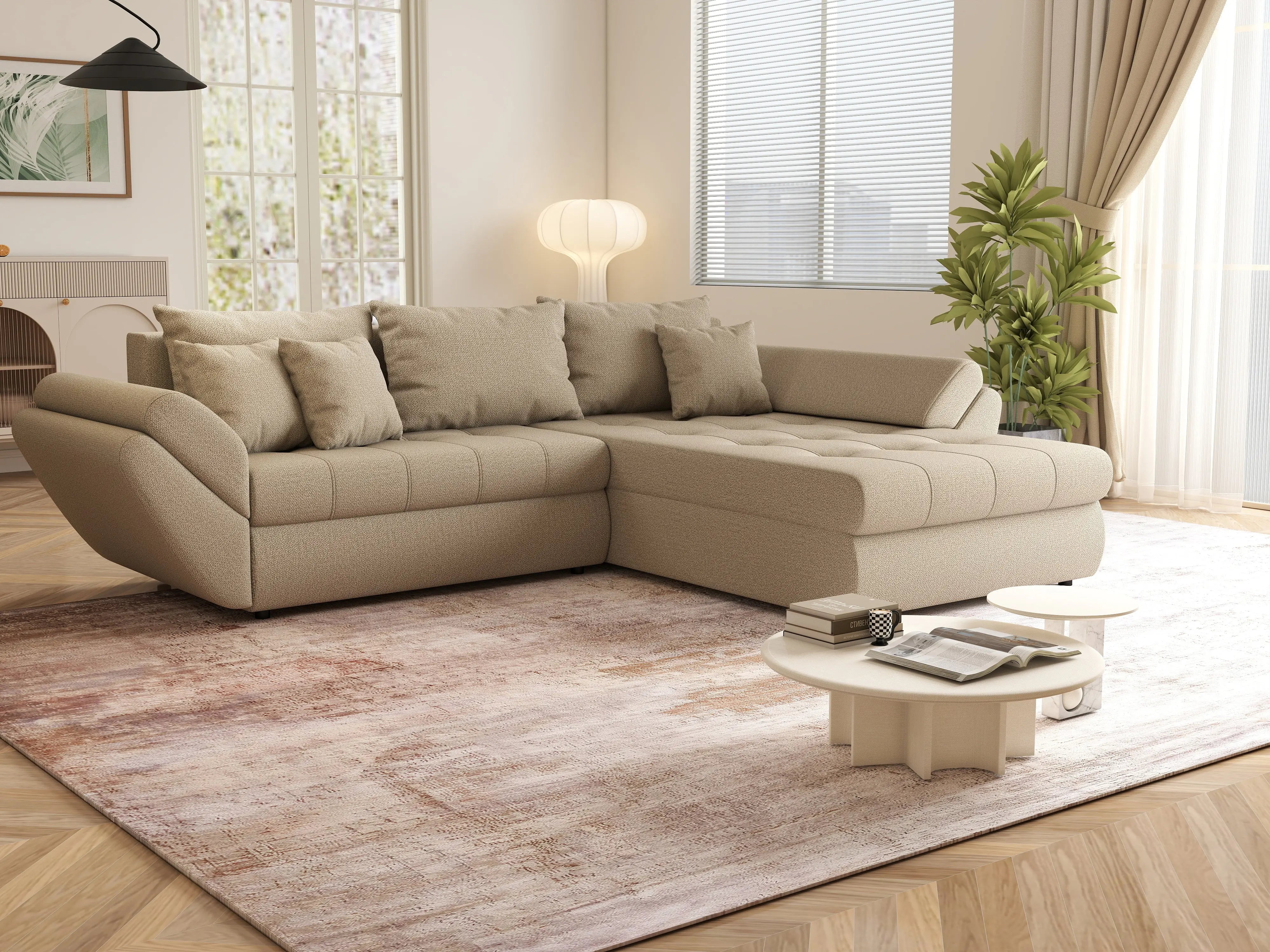 Colțar extensibil dumonde cu ladă de depozitare si sezut confortabil din spuma HR, Loana Camel II 270x185 cm Fabrica