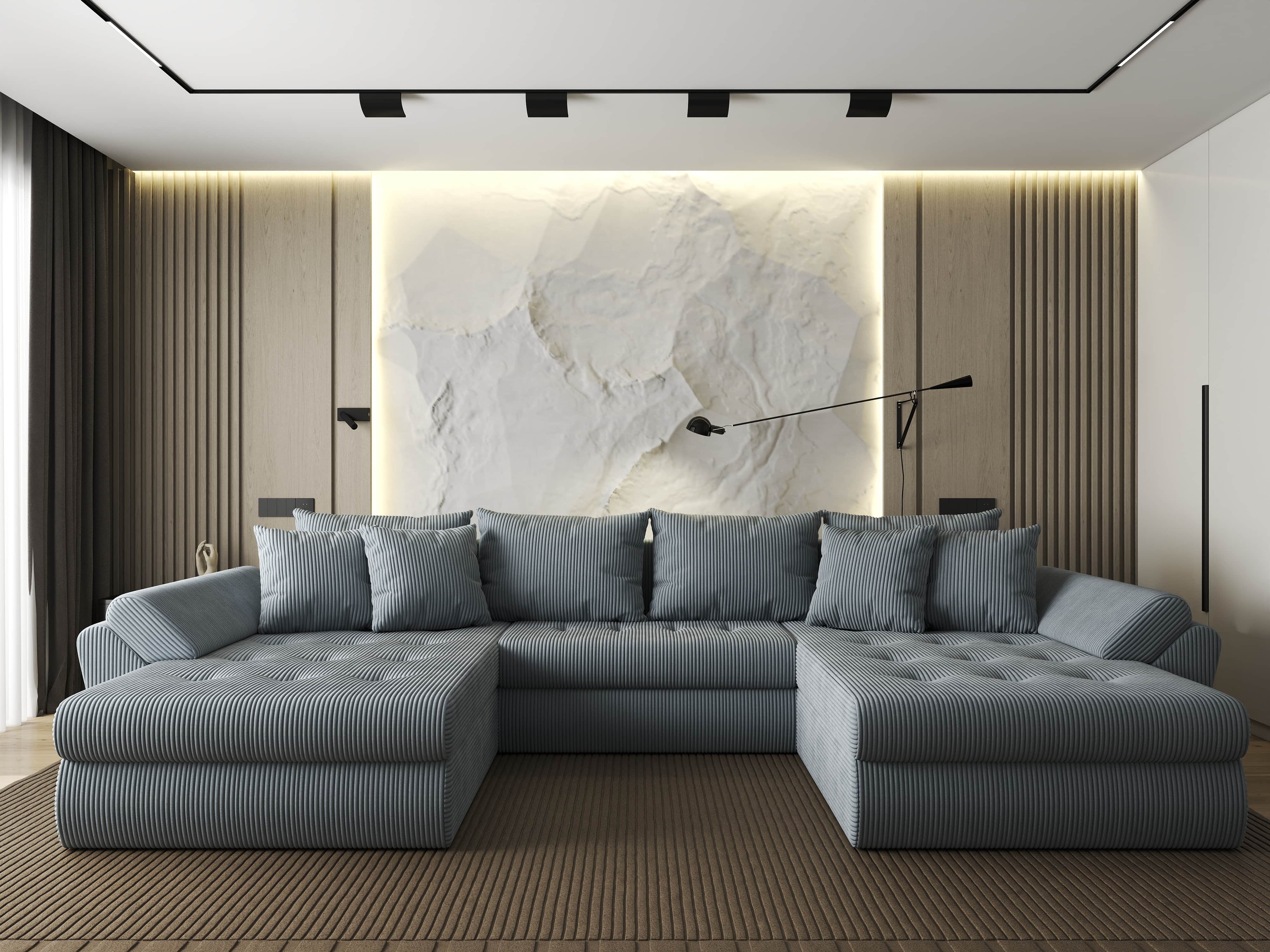 Colțar extensibil dumonde cu ladă de depozitare si sezut confortabil din spuma HR, Loana U Zoom Grey 355x185 cm Fabrica