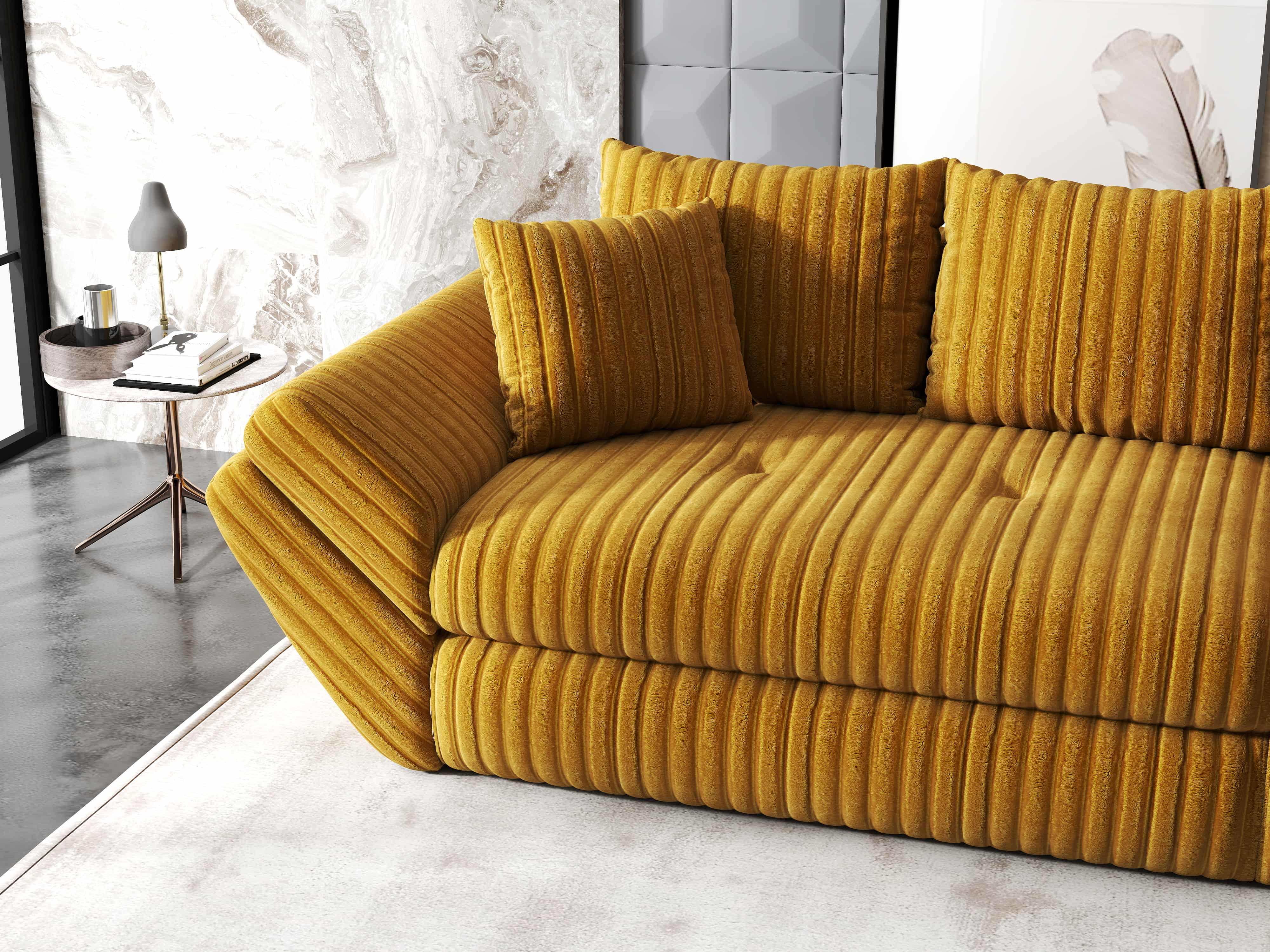 Canapea extensibilă dumonde cu ladă de depozitare si sezut confortabil din spuma HR, Loana Ambience Mustar 300x100 cm Fabrica