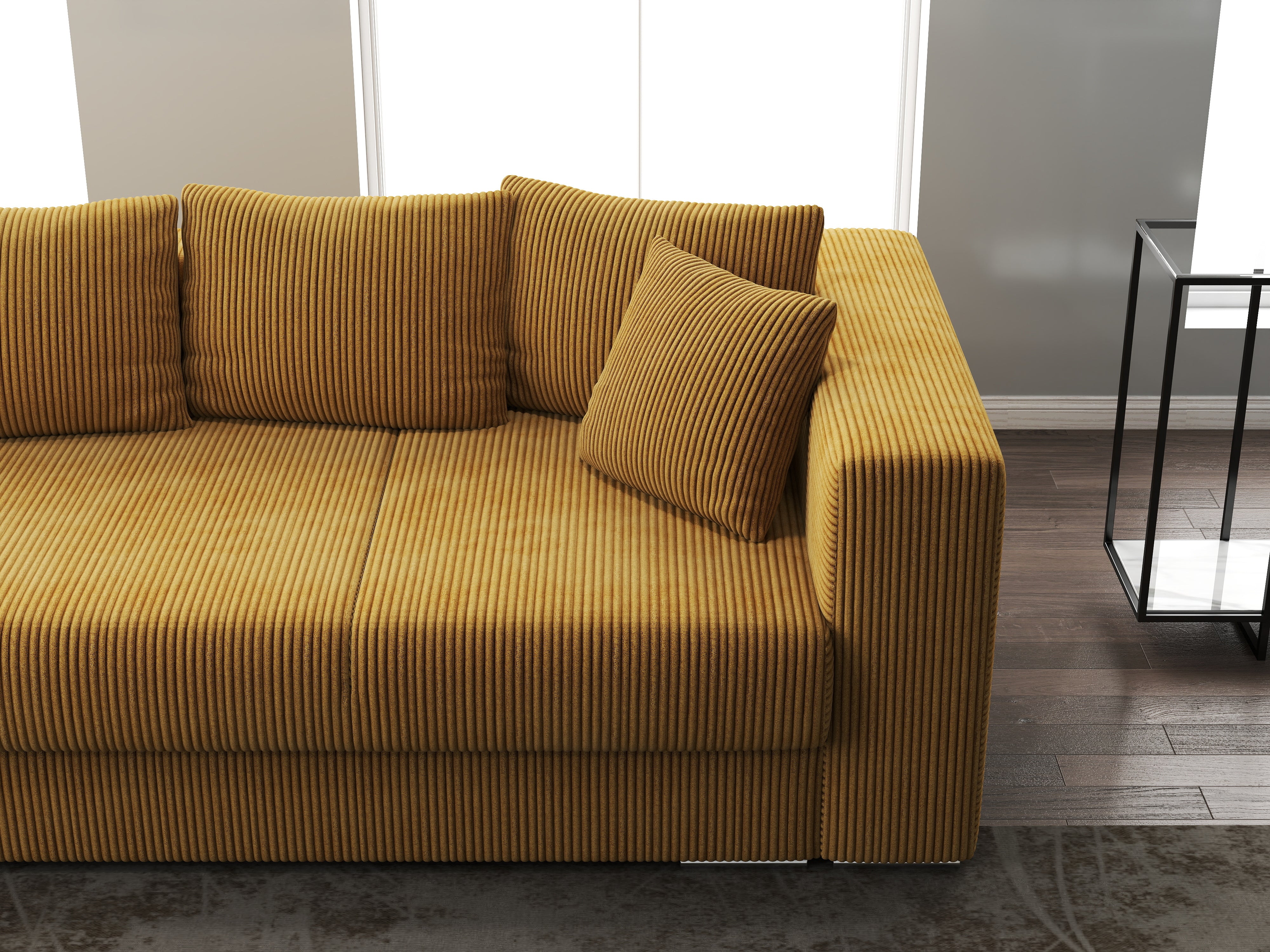 Canapea extensibilă dumonde cu ladă de depozitare si sezut confortabil din spuma HR, Gloria Zoom Mustar 240x100 cm Fabrica