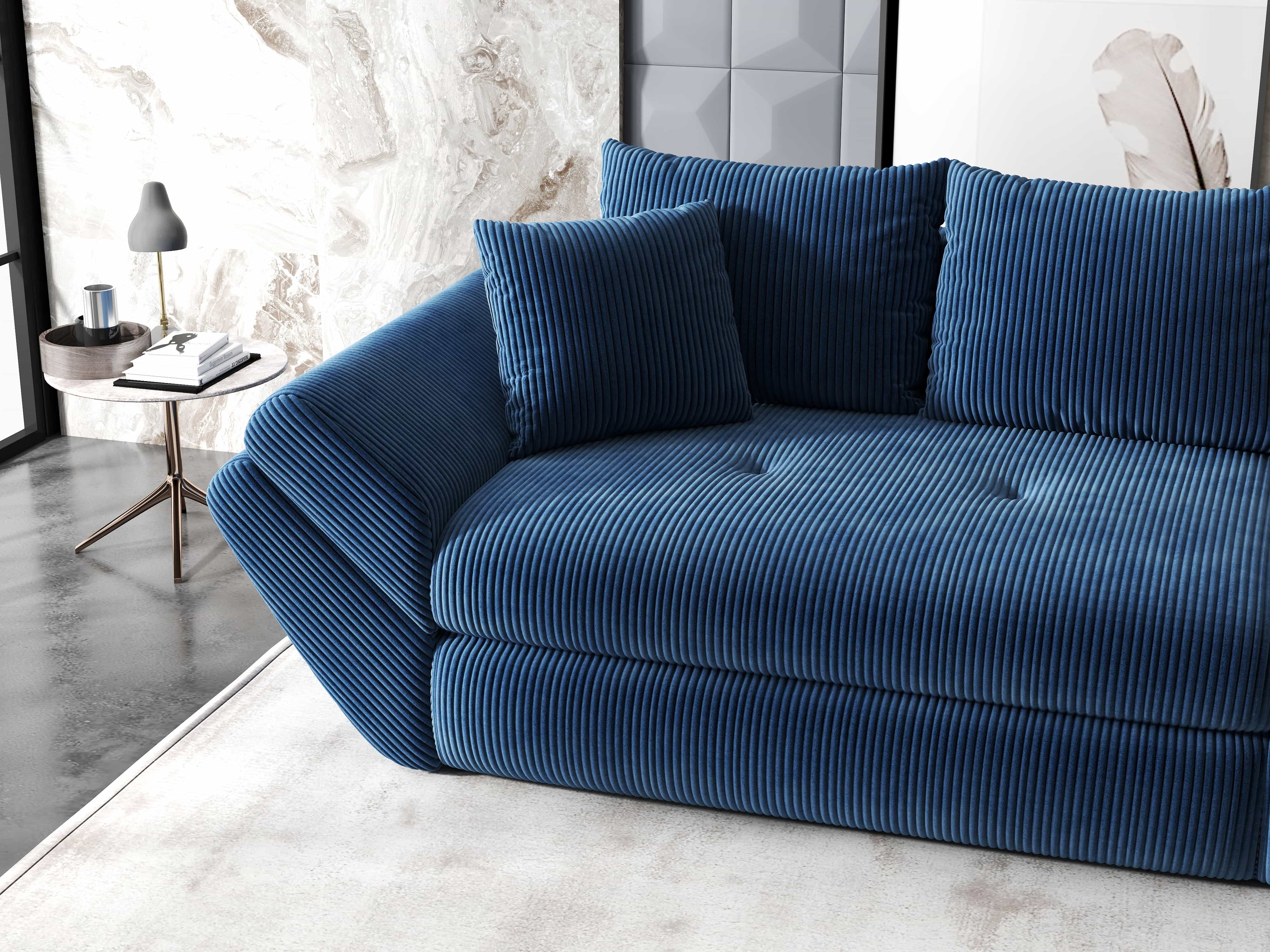 Canapea extensibilă dumonde cu ladă de depozitare si sezut confortabil din spuma HR, Loana Zoom Albastru 300x100 cm Fabrica