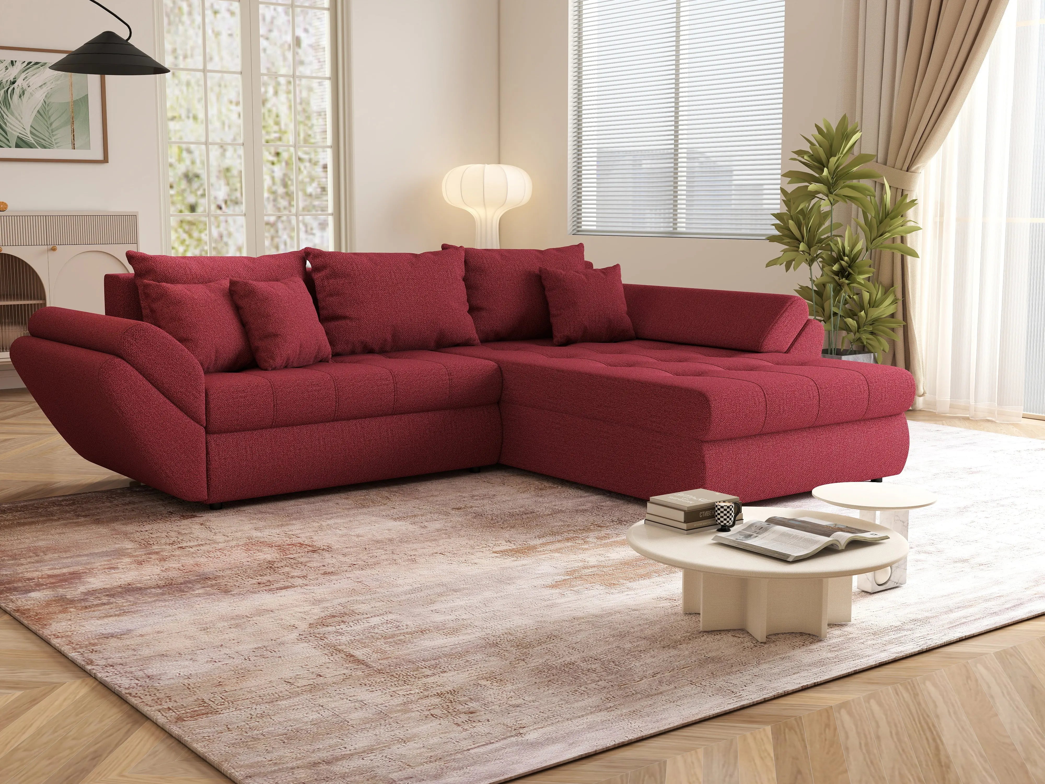 Colțar extensibil dumonde cu ladă de depozitare si sezut confortabil din spuma HR, Loana Bordoux II 270x185 cm Fabrica