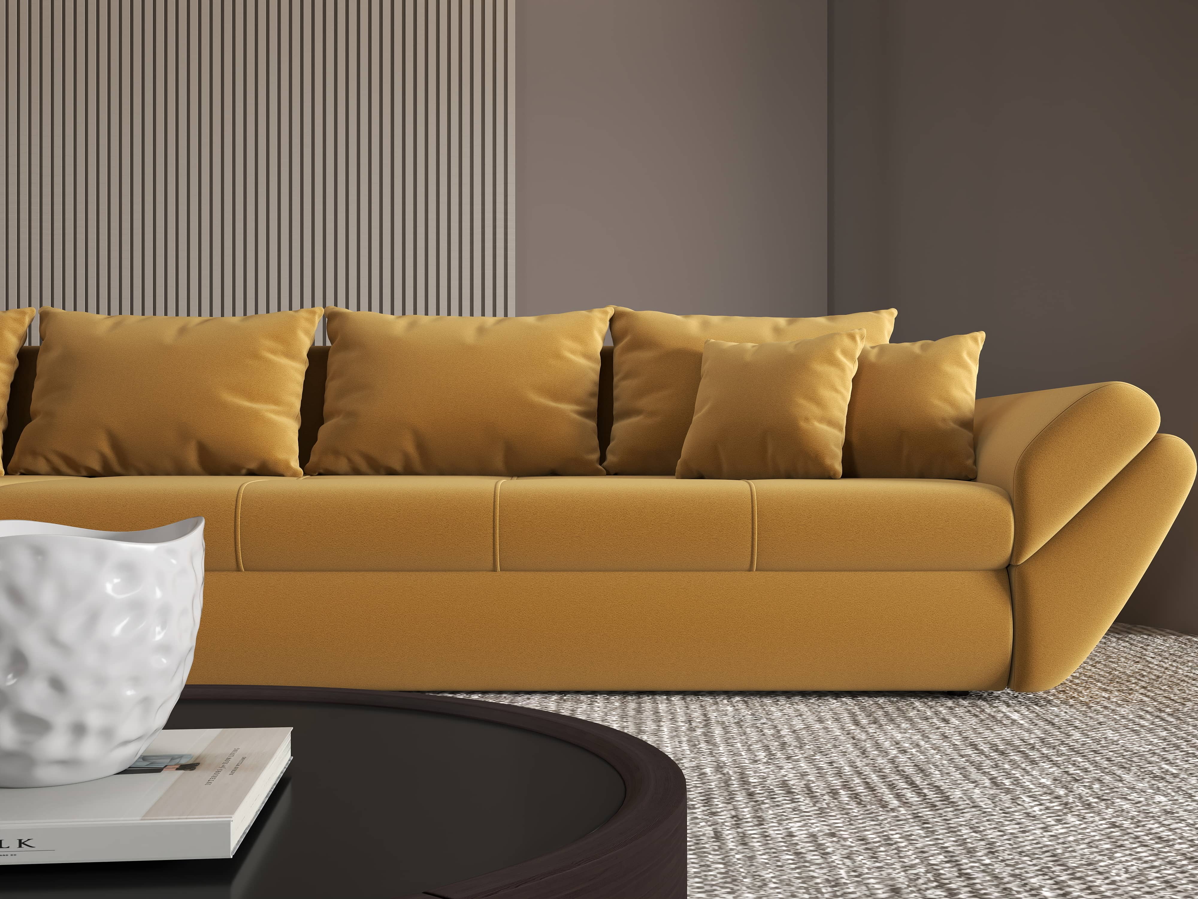 Colțar extensibil dumonde cu ladă de depozitare si sezut confortabil din spuma HR, Loana XL Royal Mustar 335x185 cm Fabrica