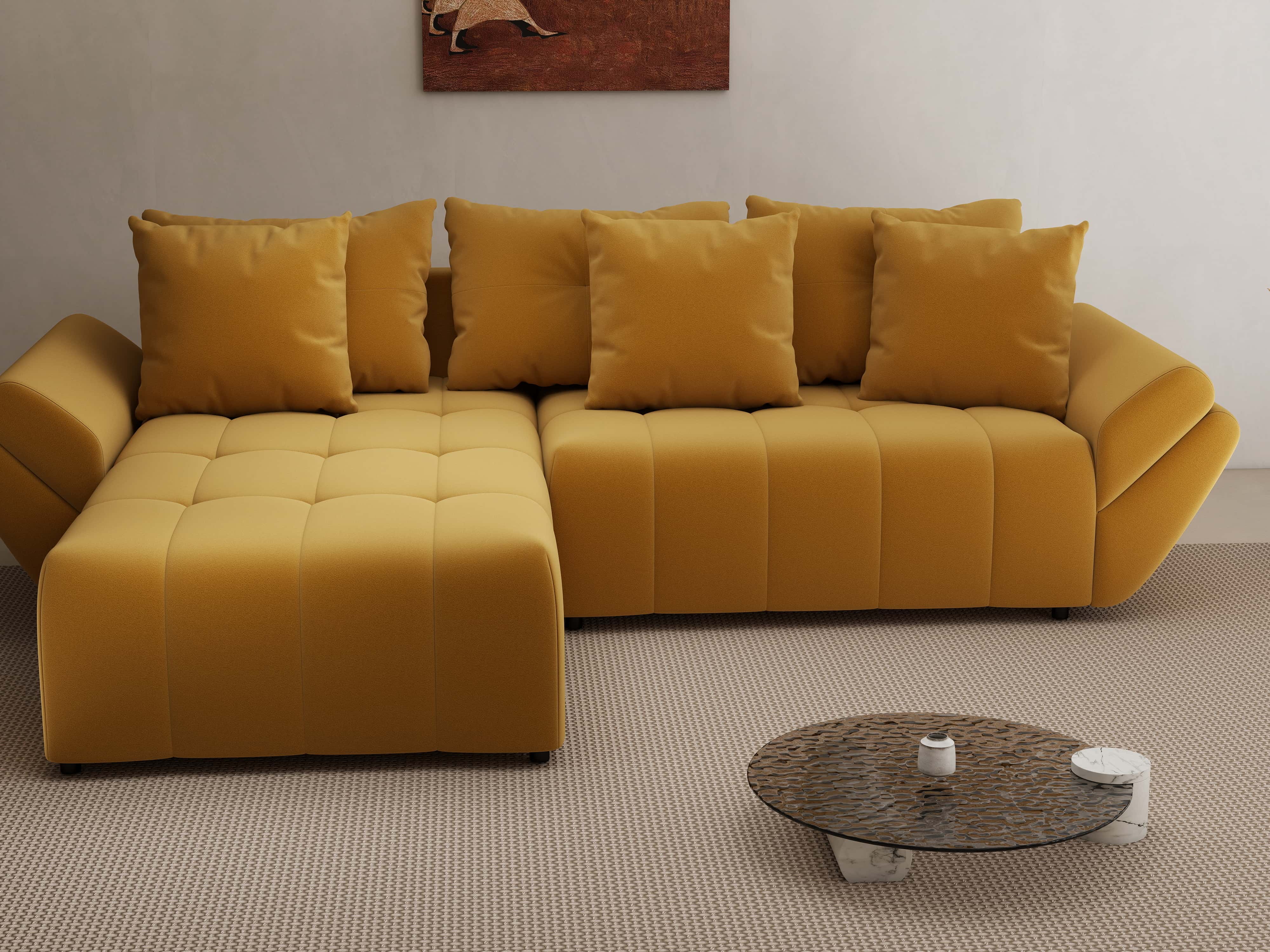 Colțar extensibil dumonde cu ladă de depozitare si sezut confortabil din spuma HR, Berlin Royal Mustar 280x185 cm Fabrica