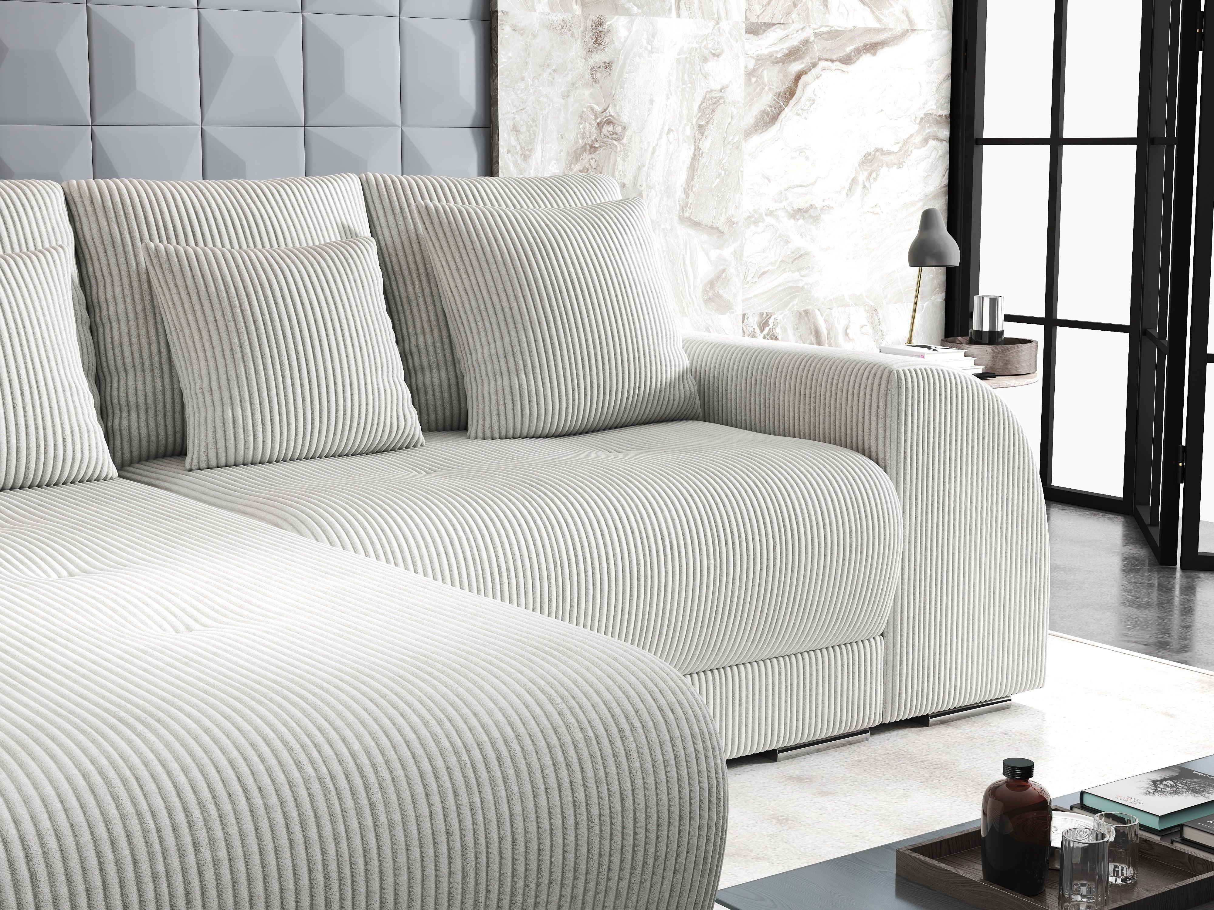 Colțar extensibil dumonde cu ladă de depozitare si sezut confortabil din spuma HR, Verona Zoom Crem 290x185 cm Fabrica