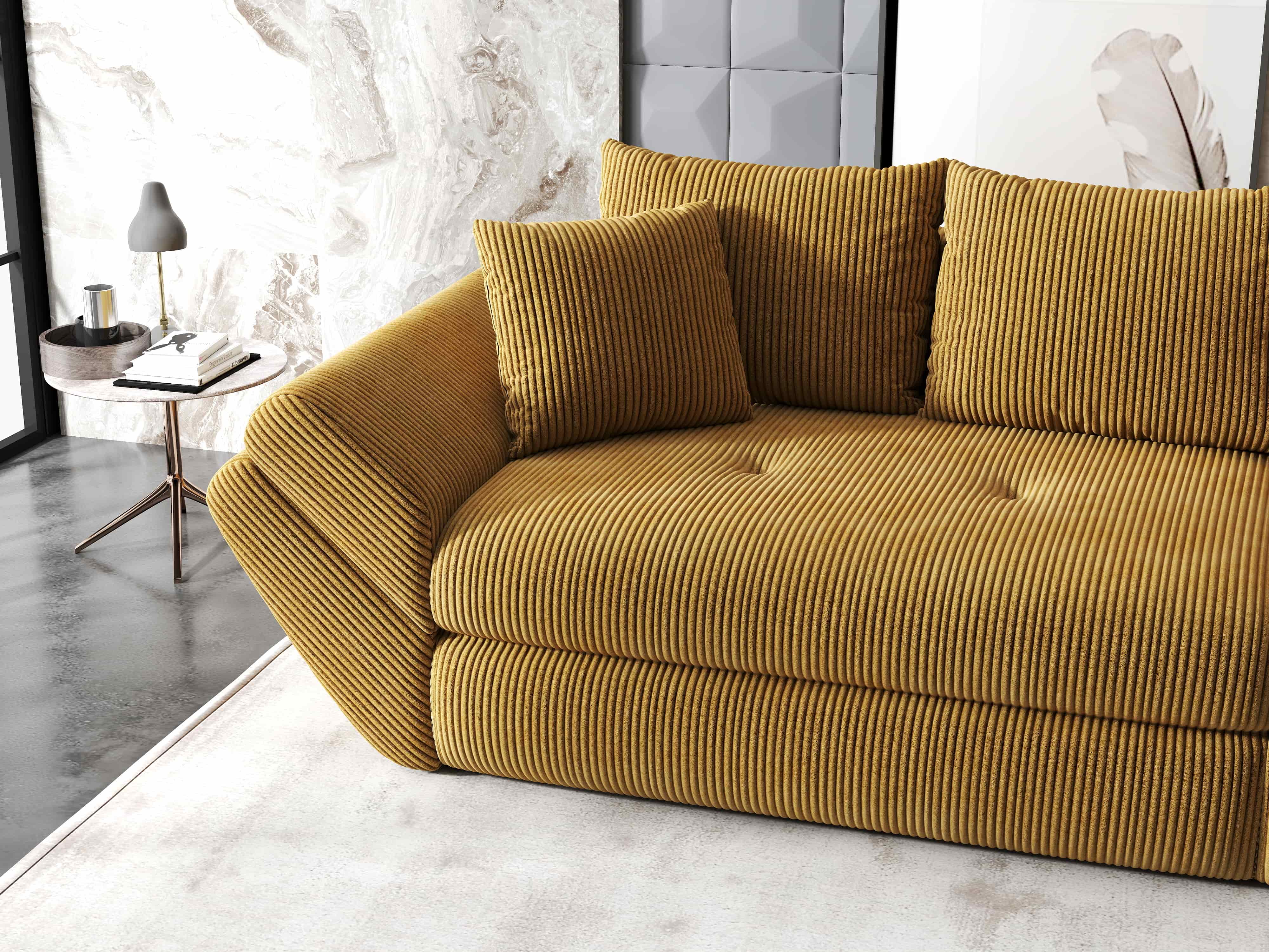 Canapea extensibilă dumonde cu ladă de depozitare si sezut confortabil din spuma HR, Loana Zoom Mustar 300x100 cm Fabrica