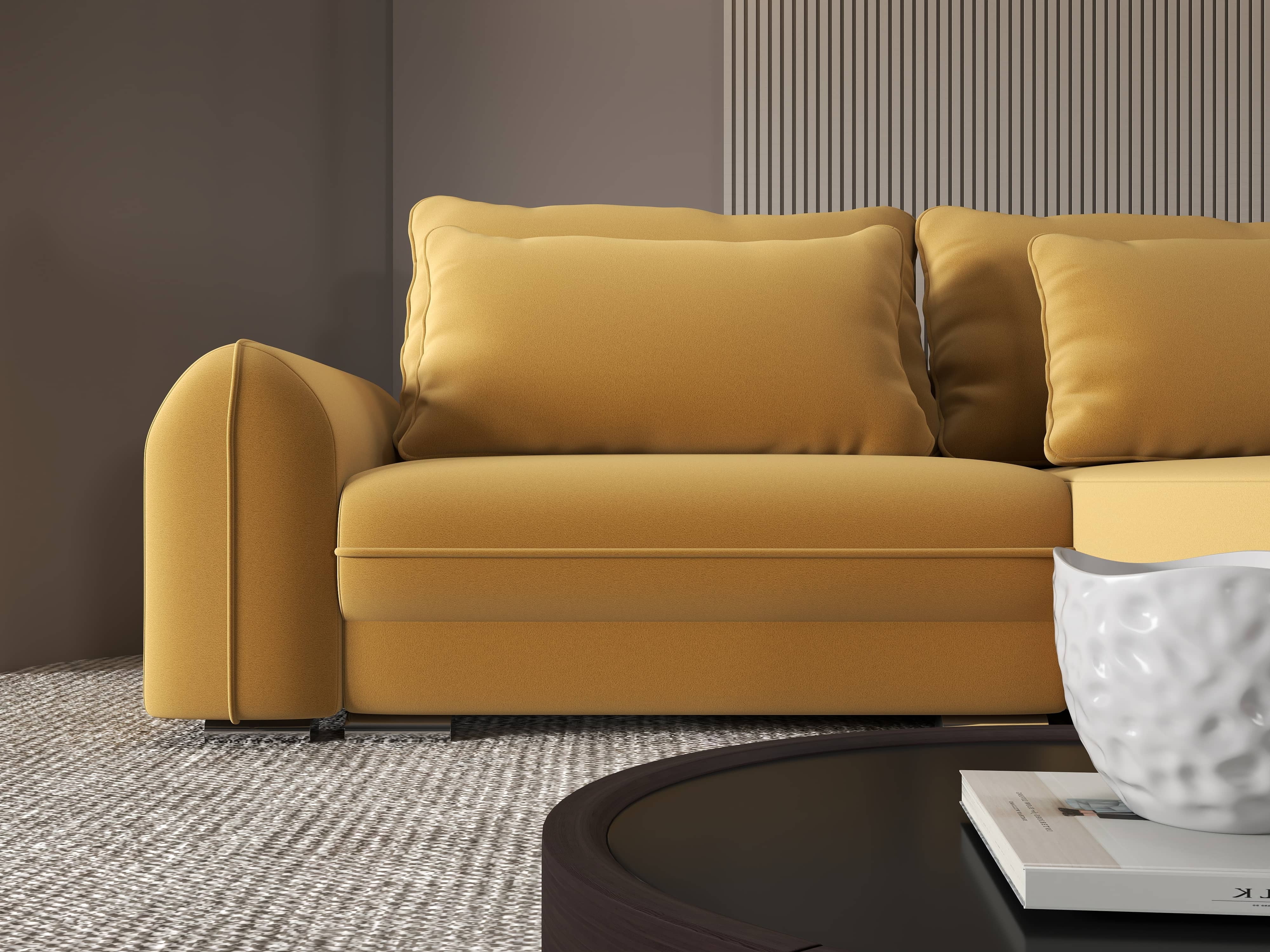 Colțar extensibil dumonde cu ladă de depozitare si sezut confortabil din spuma HR, Denver Royal Mustar 275x185 cm II Fabrica