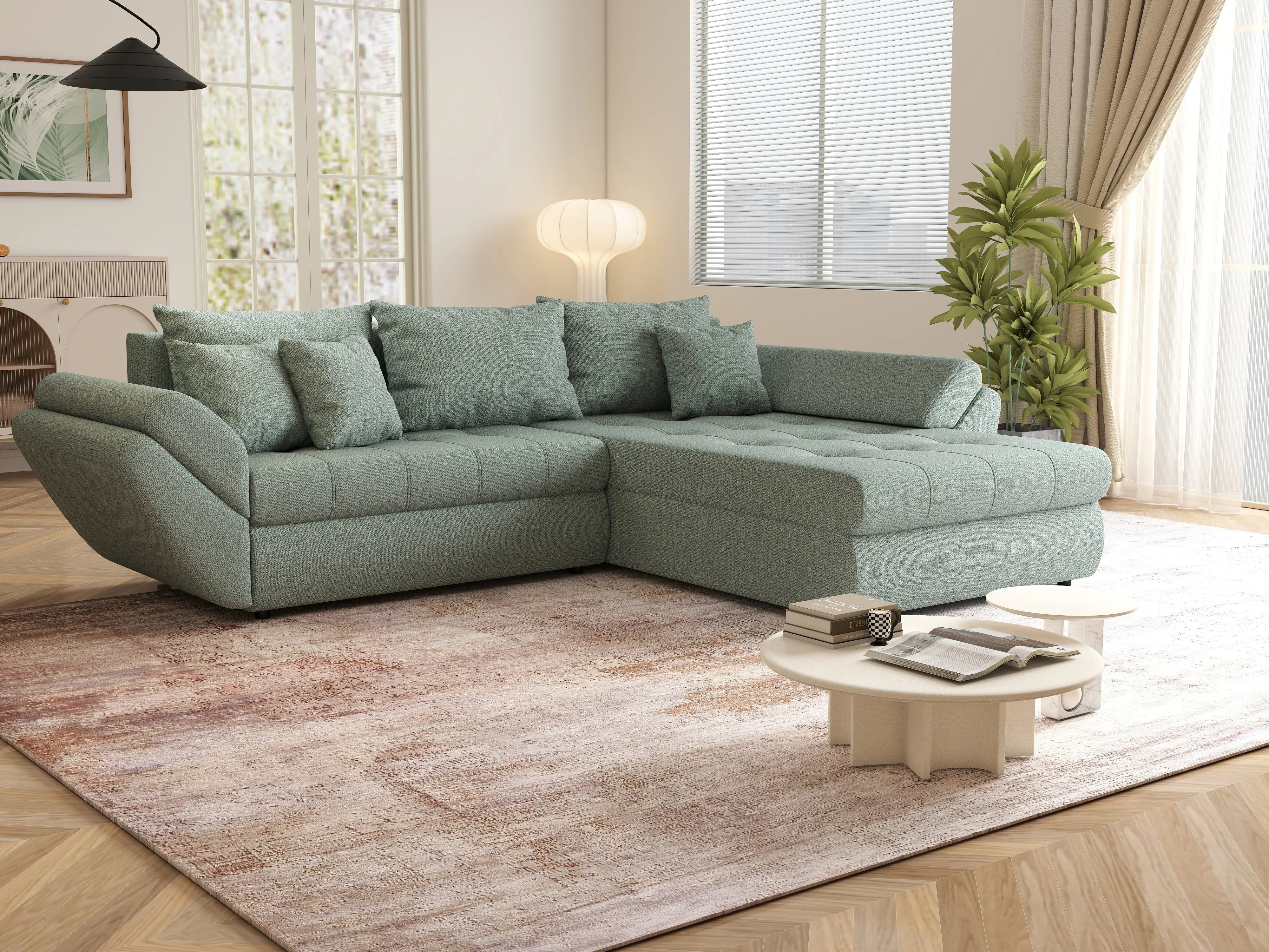 Colțar extensibil dumonde cu ladă de depozitare si sezut confortabil din spuma HR, Loana Mint II 270x185 cm Fabrica