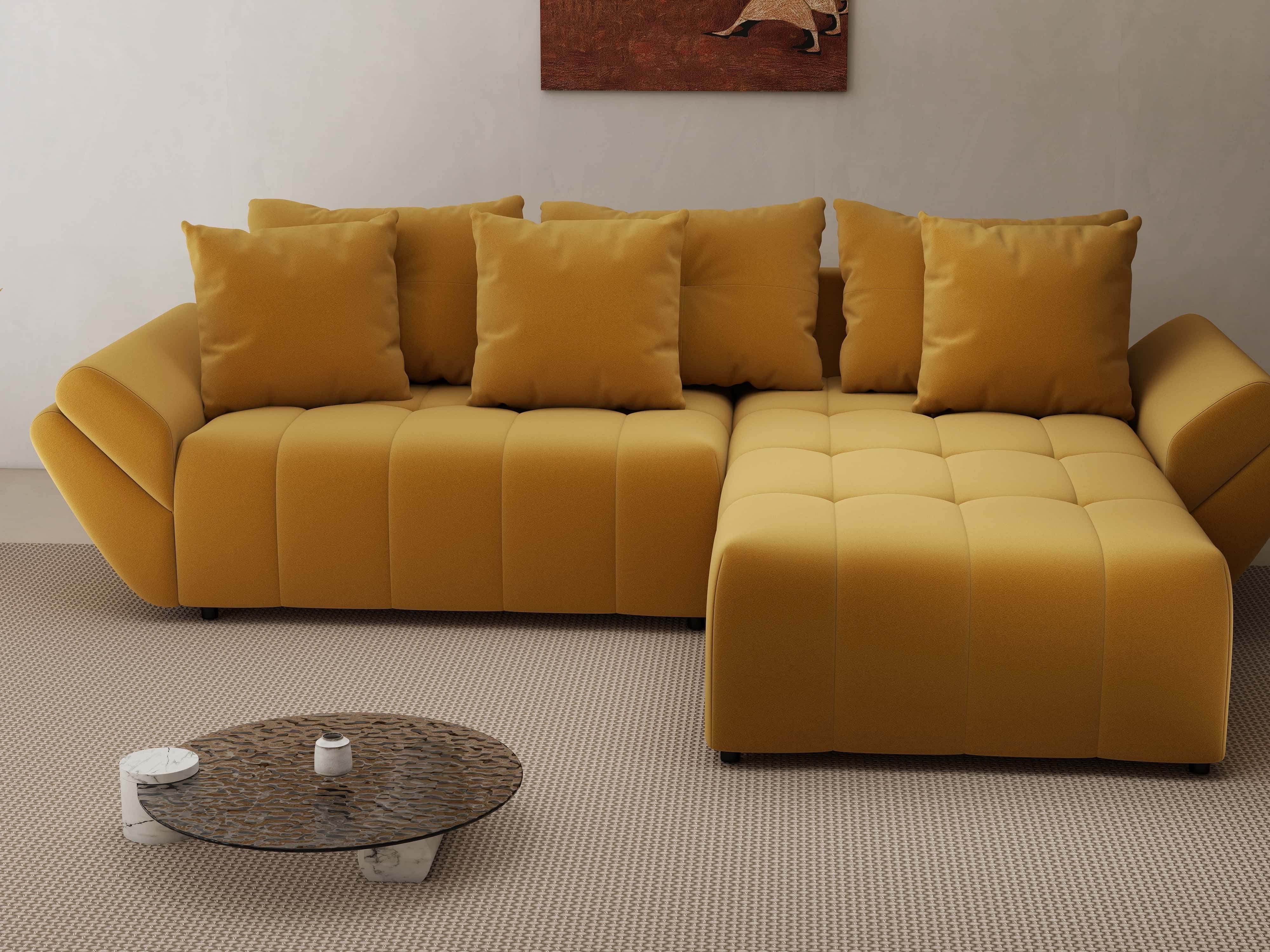 Colțar extensibil dumonde cu ladă de depozitare si sezut confortabil din spuma HR, Berlin Royal Mustar 280x185 cm II Fabrica