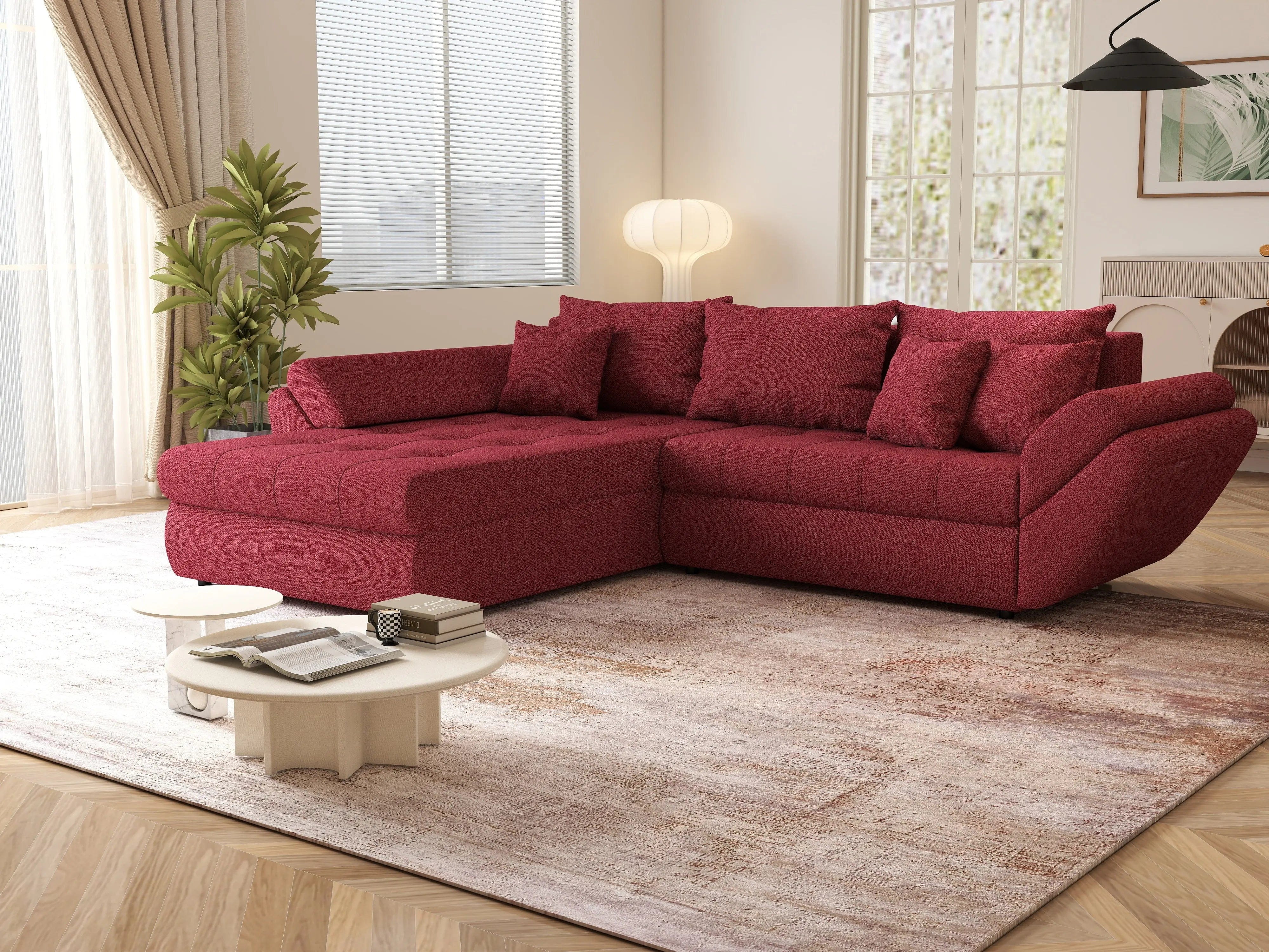 Colțar extensibil dumonde cu ladă de depozitare si sezut confortabil din spuma HR, Loana Bordoux 270x185 cm Fabrica