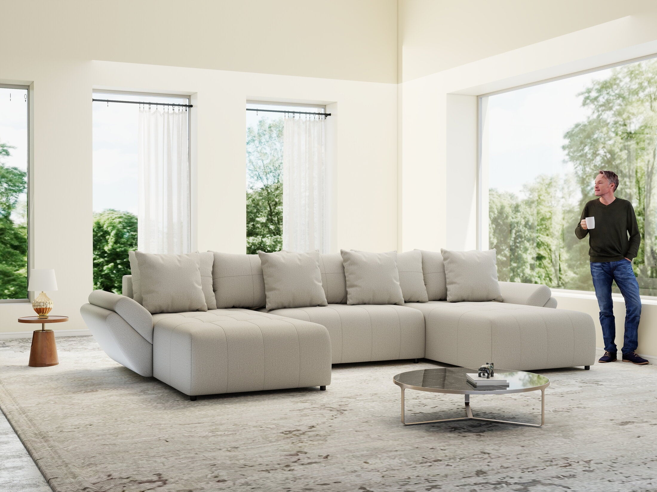 Colțar extensibil dumonde cu ladă de depozitare si sezut confortabil din spuma HR, Berlin U Enjoy Bej 380x180 cm