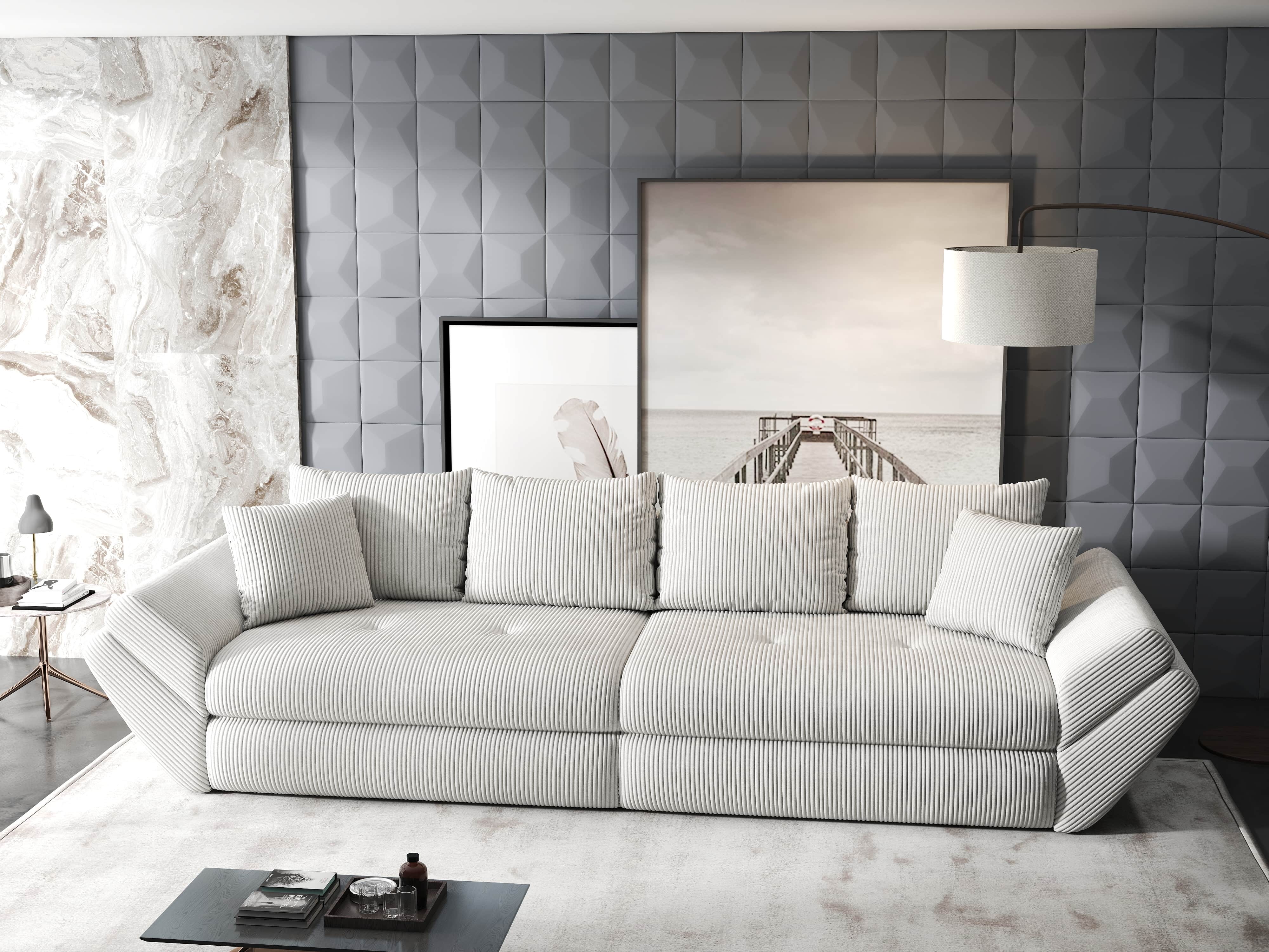 Canapea extensibilă dumonde cu ladă de depozitare si sezut confortabil din spuma HR, Loana Zoom Cream 300x100 cm Fabrica