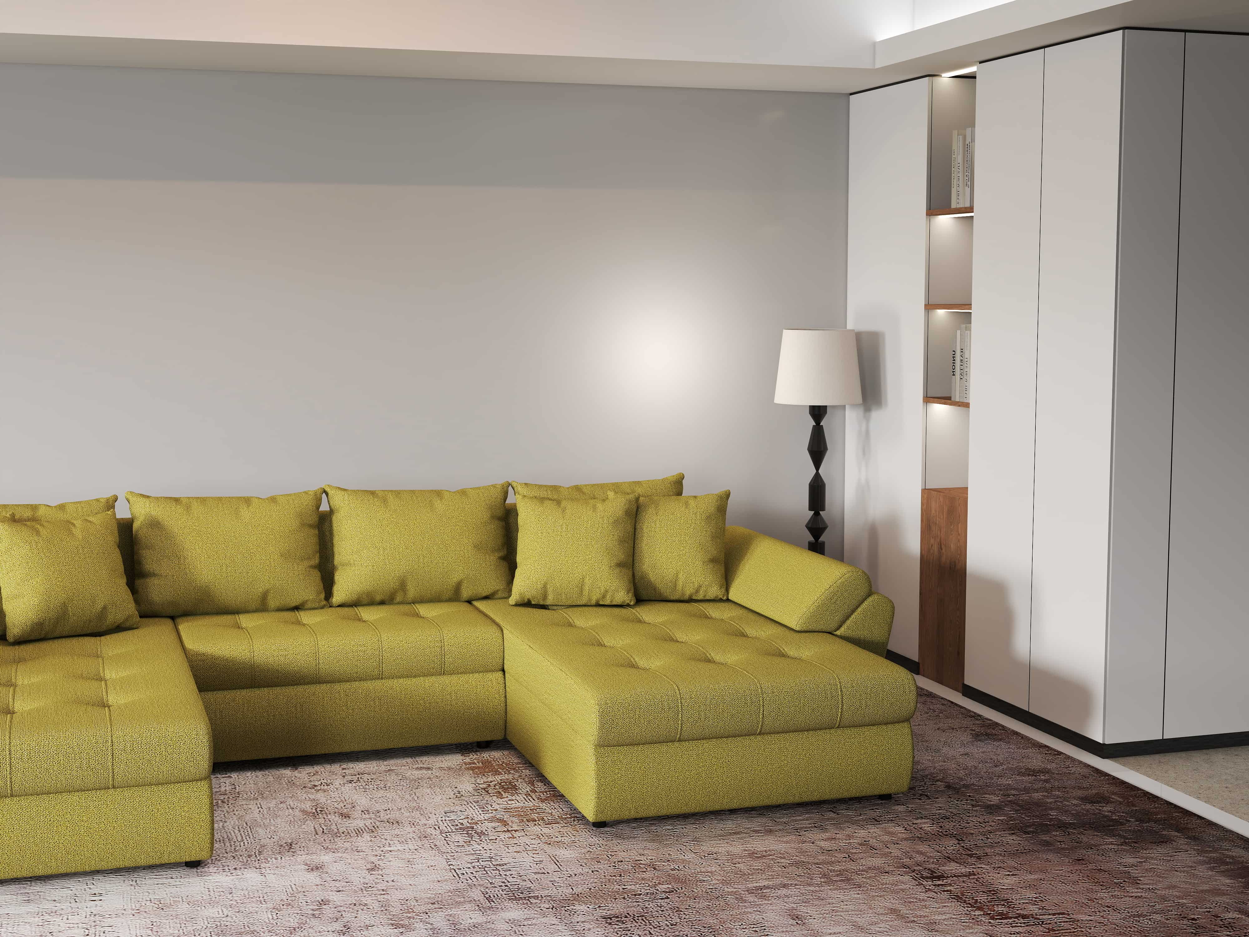 Colțar extensibil dumonde cu ladă de depozitare si sezut confortabil din spuma HR, Loana U Green Lux 355x185 cm Fabrica