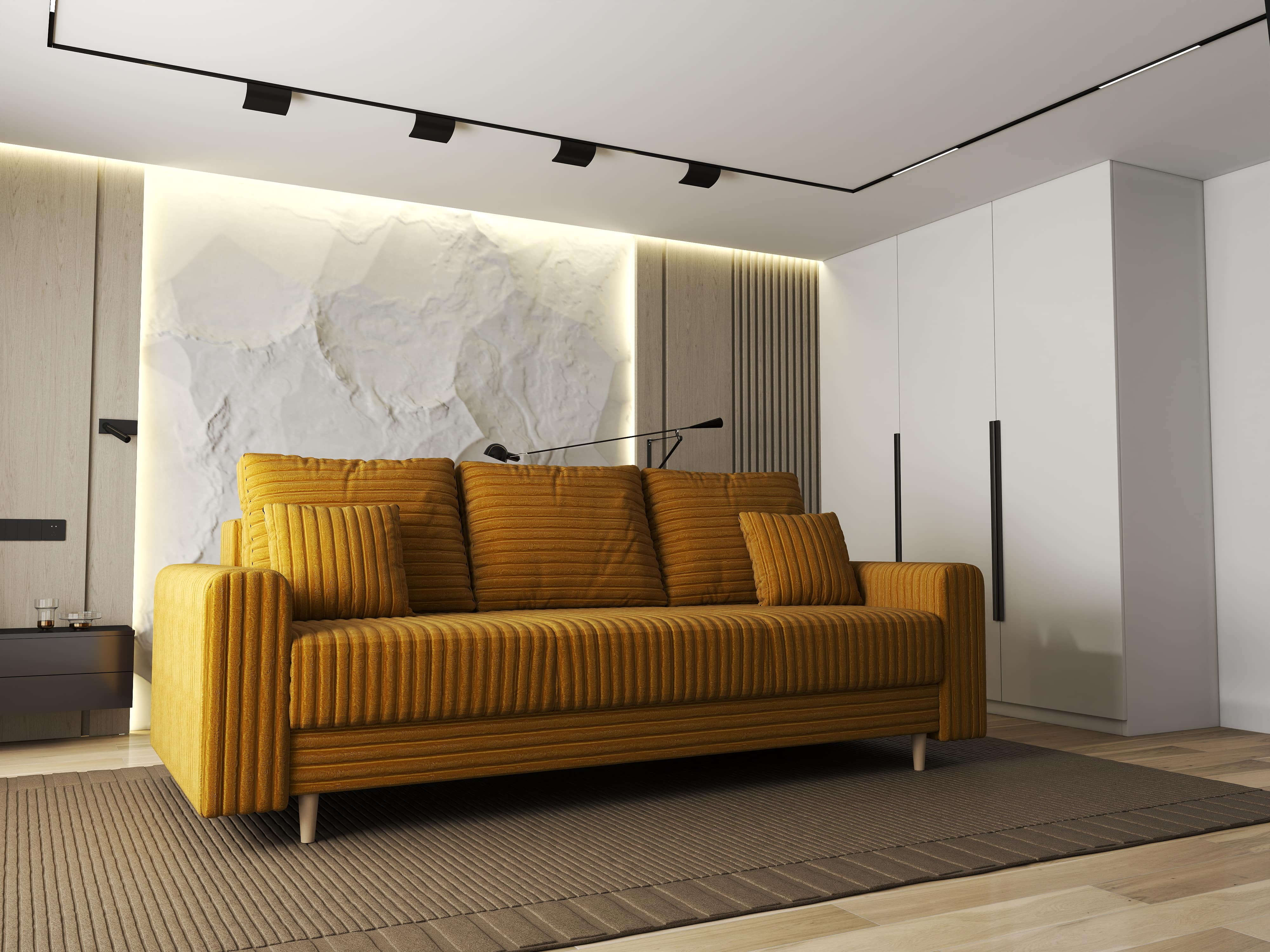 Canapea extensibilă dumonde cu ladă de depozitare si sezut confortabil din spuma HR, Kronos Ambience Mustar 210x100 cm fabrica