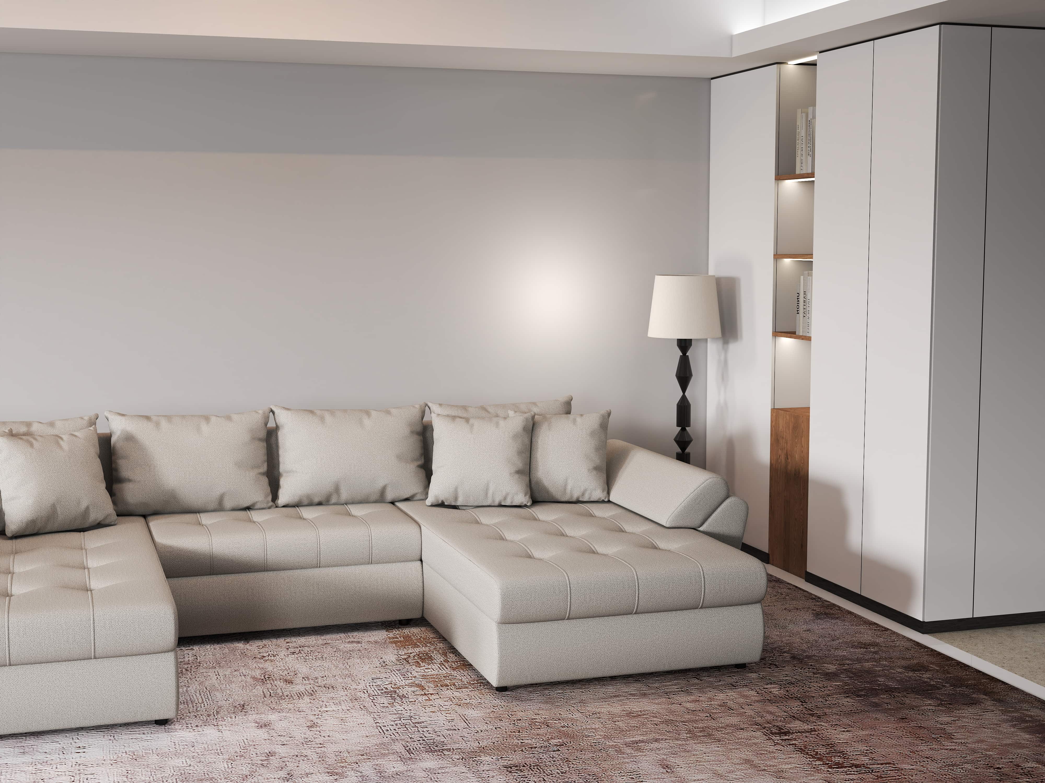 Colțar extensibil dumonde cu ladă de depozitare si sezut confortabil din spuma HR, Loana Bej U 355x185 cm Fabrica