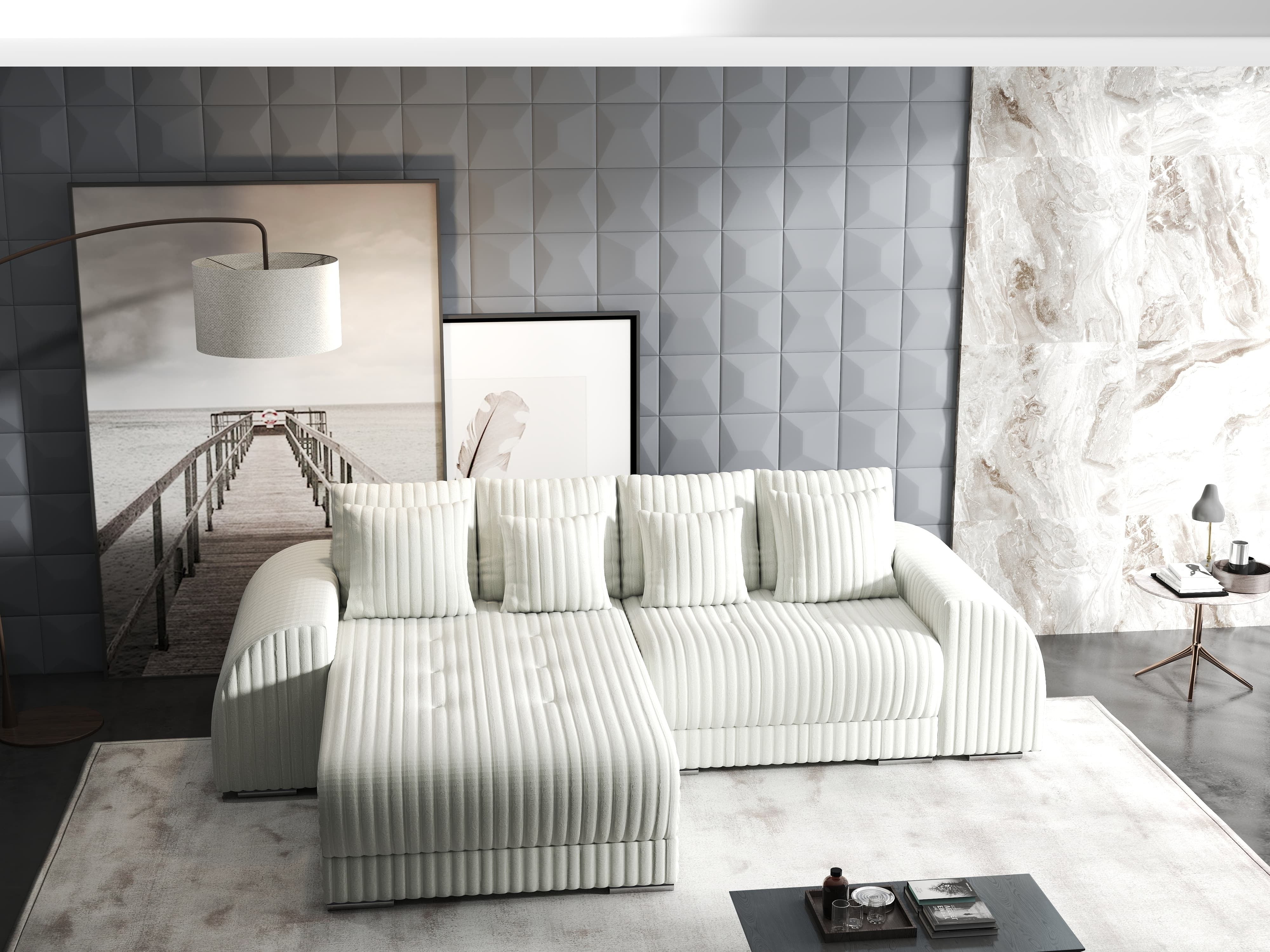 Colțar extensibil dumonde cu ladă de depozitare si sezut confortabil din spuma HR, Verona Ambience Ivory 290x185 cm Fabrica