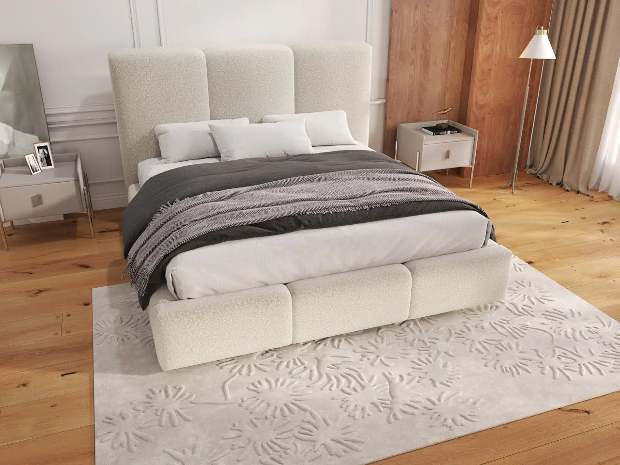 Pat dormitor dumonde, tapitat bej, Dinasty 140x200 cm, somiera rabatabila inclusa, spatiu depozitare WLS