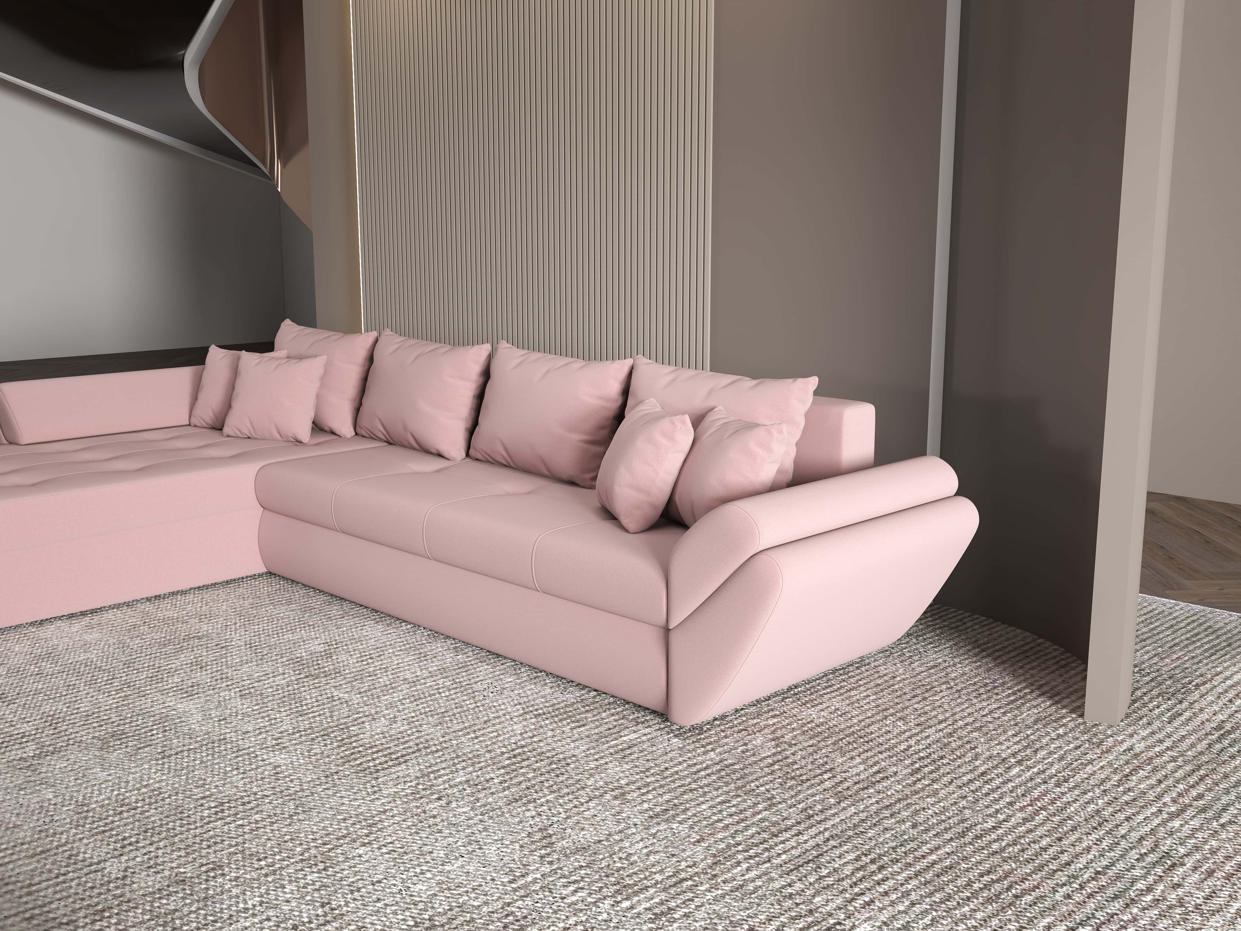 Colțar extensibil dumonde cu ladă de depozitare si sezut confortabil din spuma HR, Loana XL Royal Roz 335x185 cm Fabrica