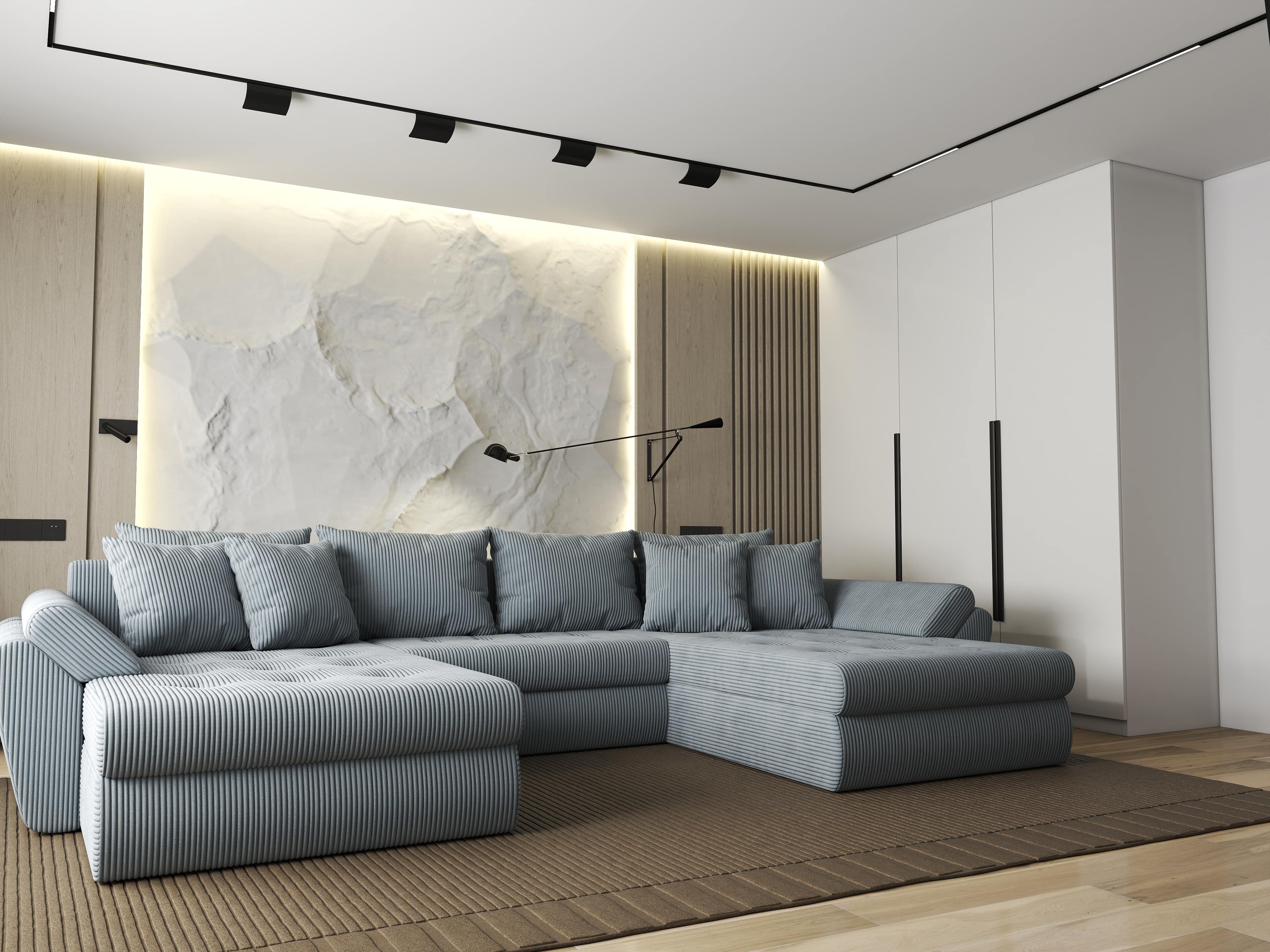 Colțar extensibil dumonde cu ladă de depozitare si sezut confortabil din spuma HR, Loana U Zoom Grey 355x185 cm Fabrica