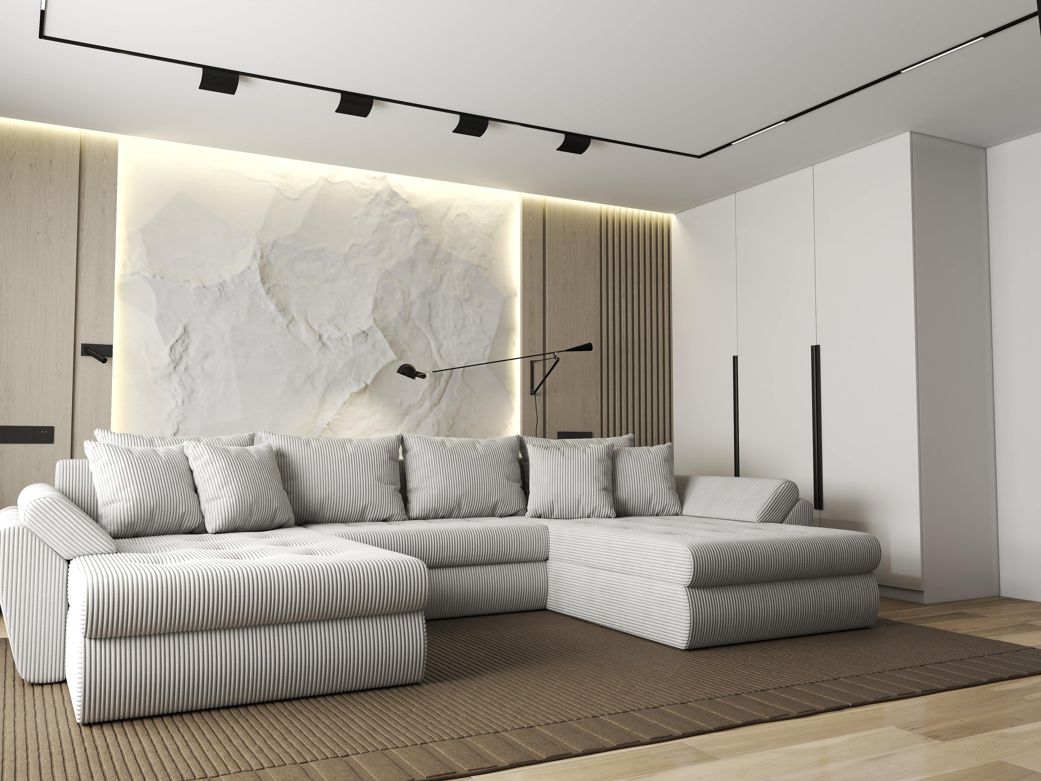 Colțar extensibil dumonde cu ladă de depozitare si sezut confortabil din spuma HR, Loana U Zoom Cream 355x185 cm Fabrica