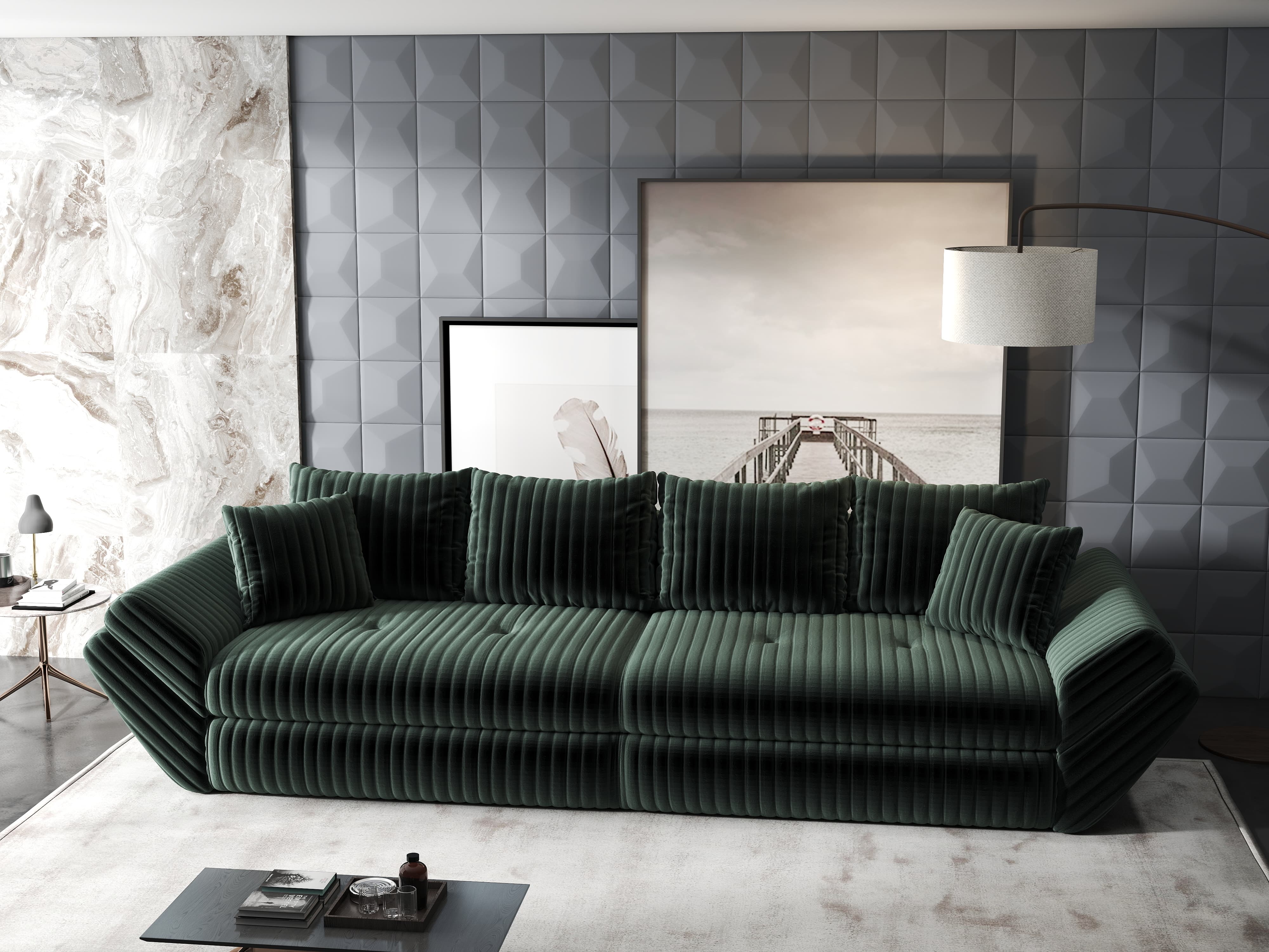 Canapea extensibilă dumonde cu ladă de depozitare si sezut confortabil din spuma HR, Loana Ambience Verde 300x100 cm Fabrica