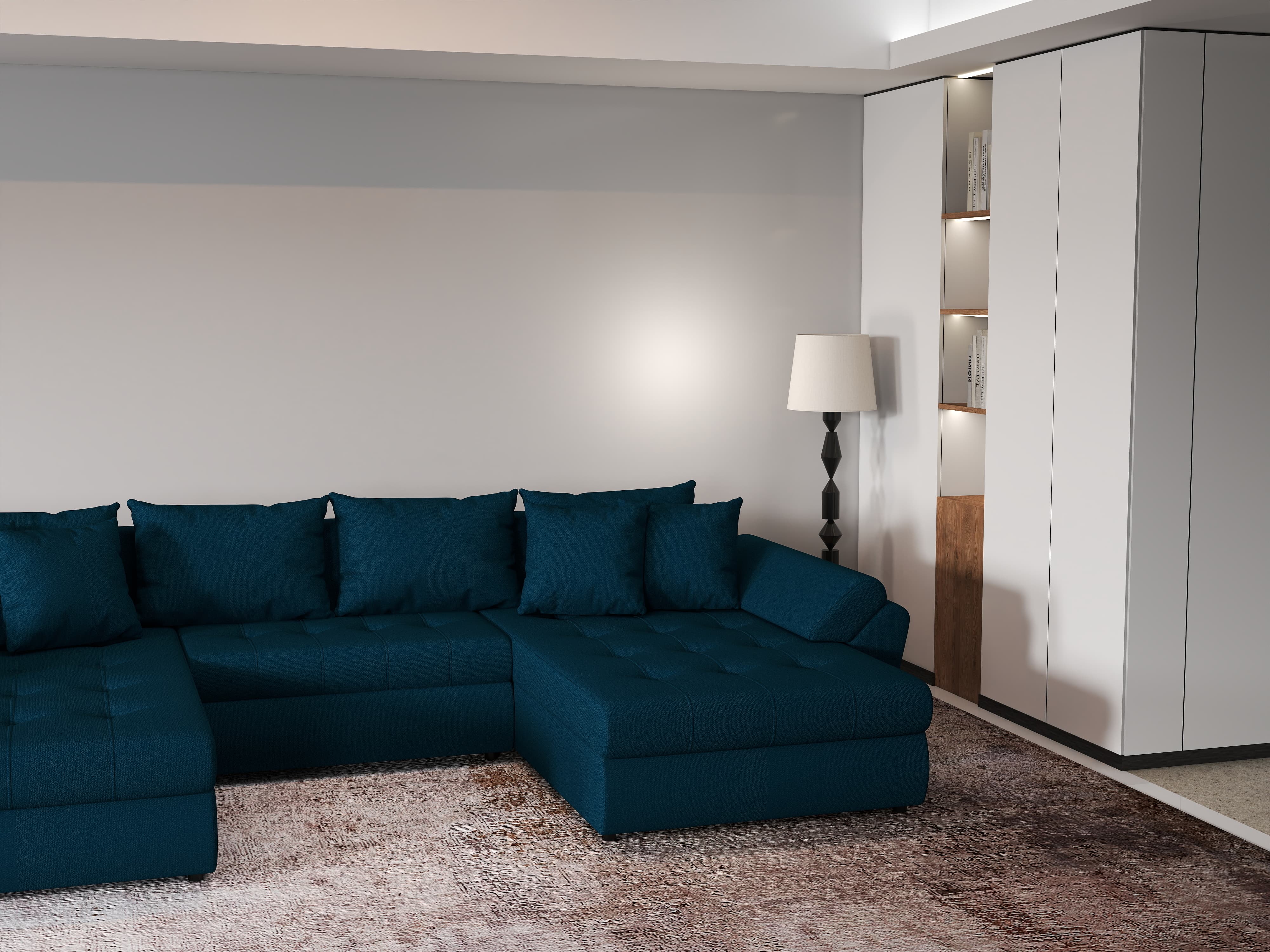 Colțar extensibil dumonde cu ladă de depozitare si sezut confortabil din spuma HR, Loana U Enjoy Petrol 355x185 cm Fabrica