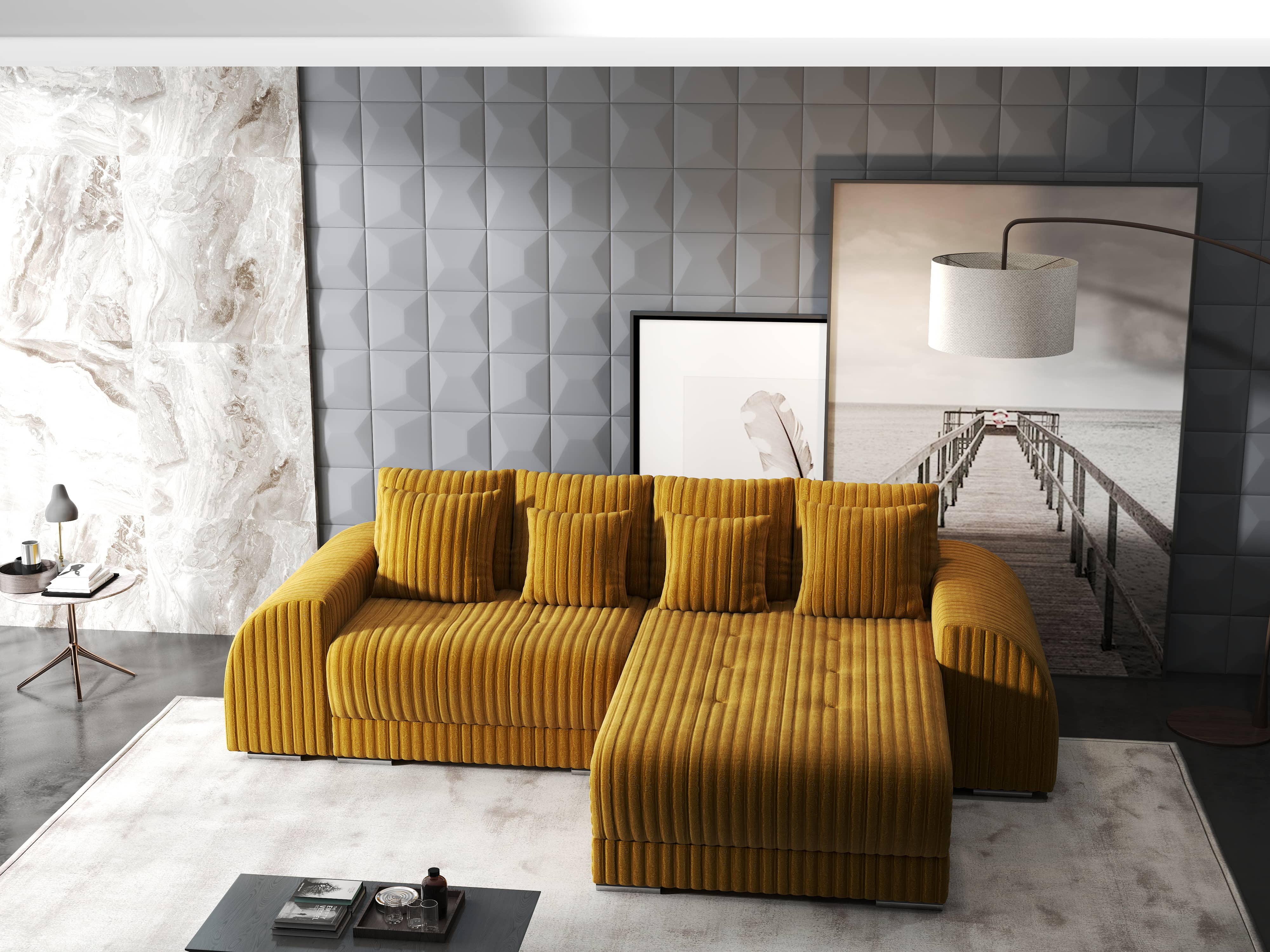 Colțar extensibil dumonde cu ladă de depozitare si sezut confortabil din spuma HR, Verona Ambience Mustar II 290x185 cm Fabrica