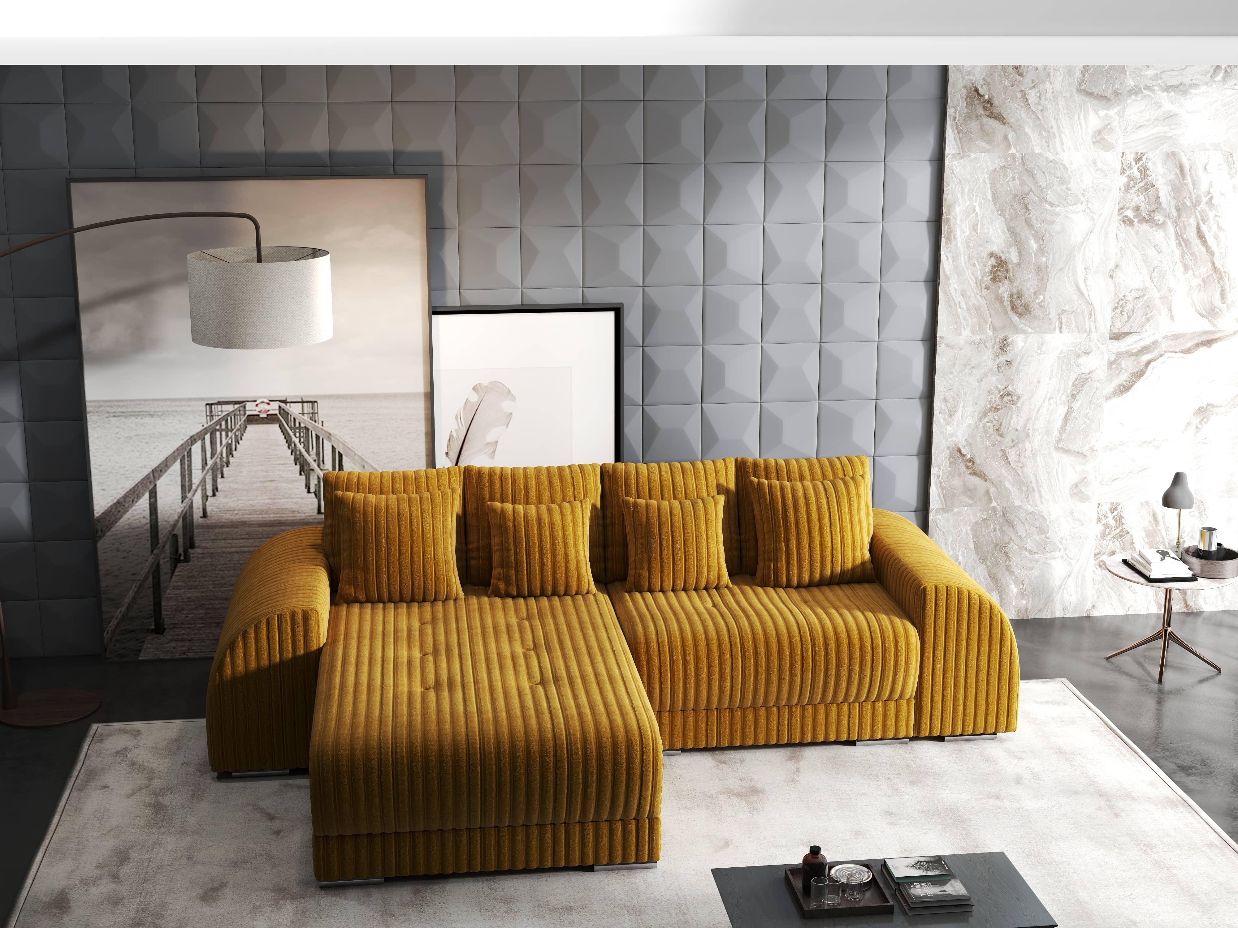 Colțar extensibil dumonde cu ladă de depozitare si sezut confortabil din spuma HR, Verona Ambience Mustar 290x185 cm Fabrica