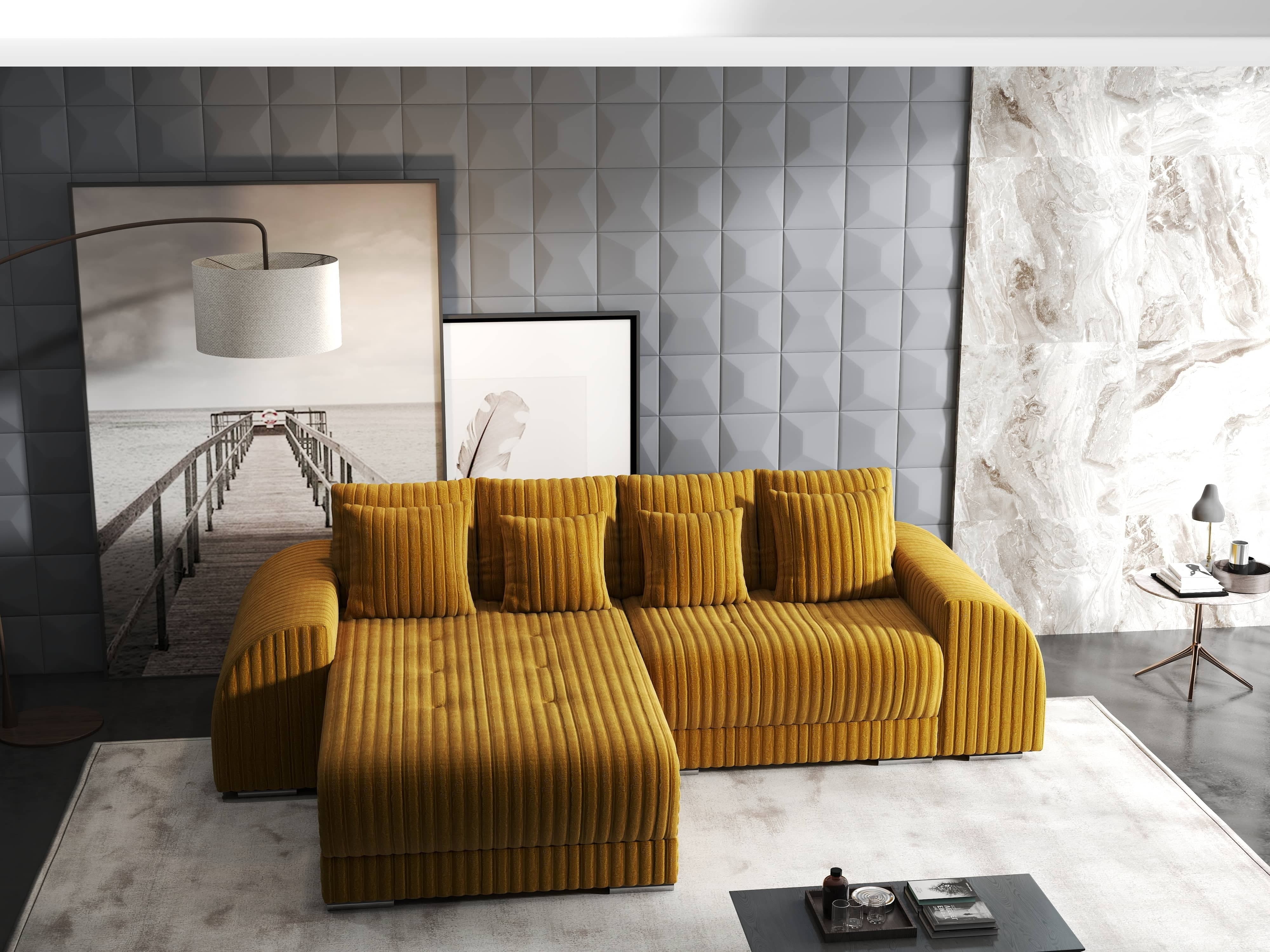 Colțar extensibil dumonde cu ladă de depozitare si sezut confortabil din spuma HR, Verona Ambience Mustar 290x185 cm Fabrica