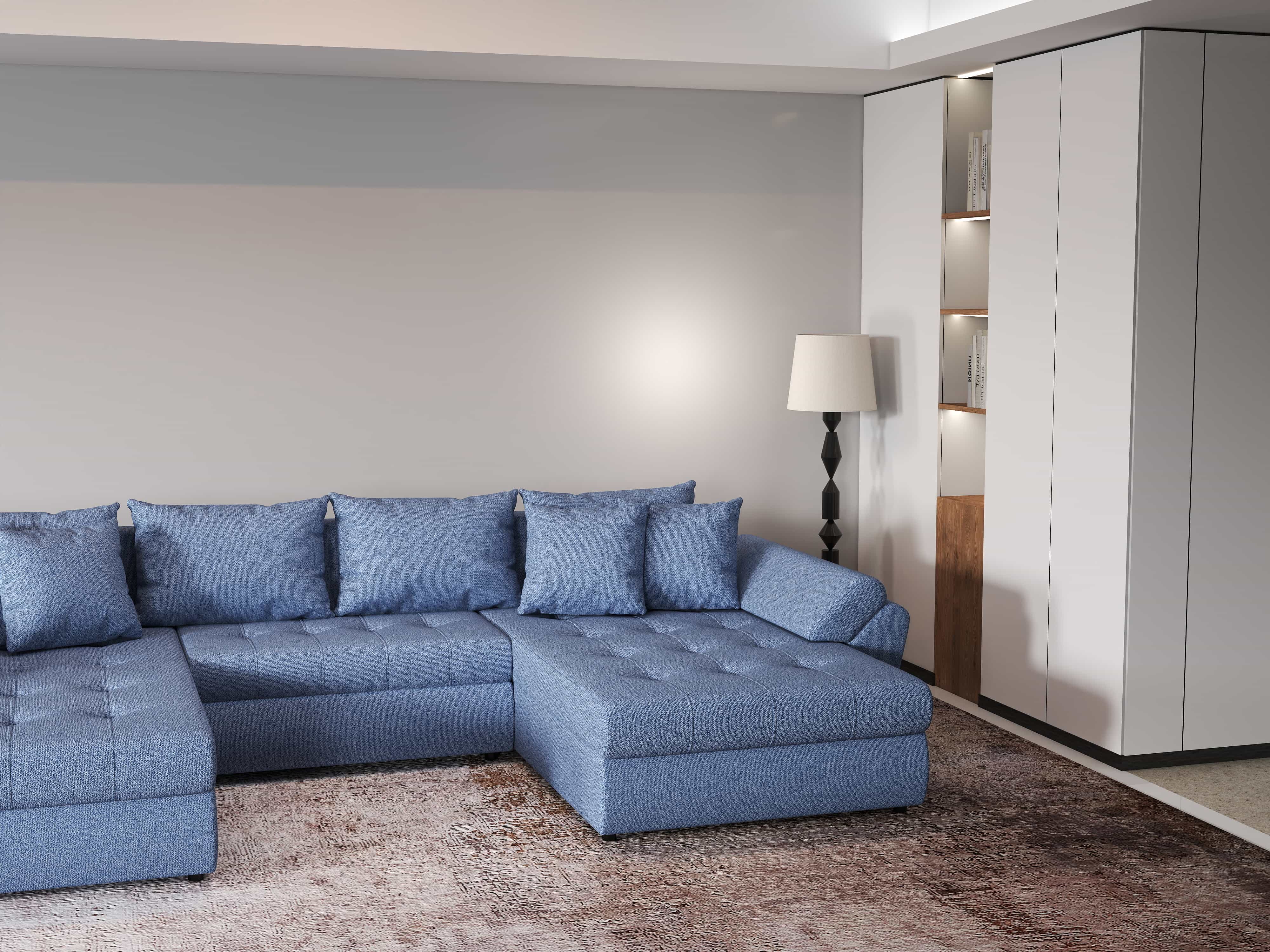 Colțar extensibil dumonde cu ladă de depozitare si sezut confortabil din spuma HR, Loana Blue U 355x185 cm Fabrica