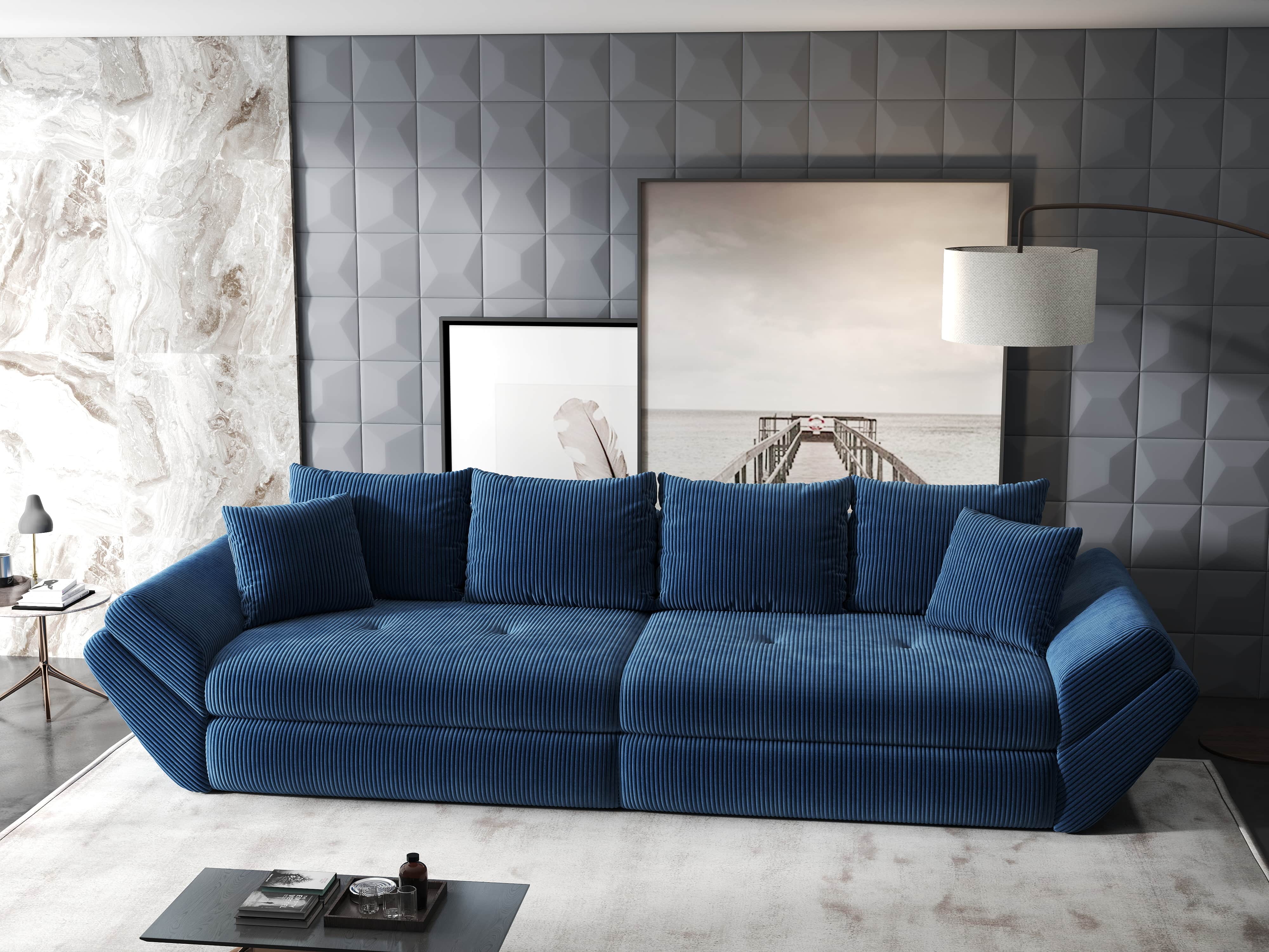 Canapea extensibilă dumonde cu ladă de depozitare si sezut confortabil din spuma HR, Loana Zoom Albastru 300x100 cm Fabrica