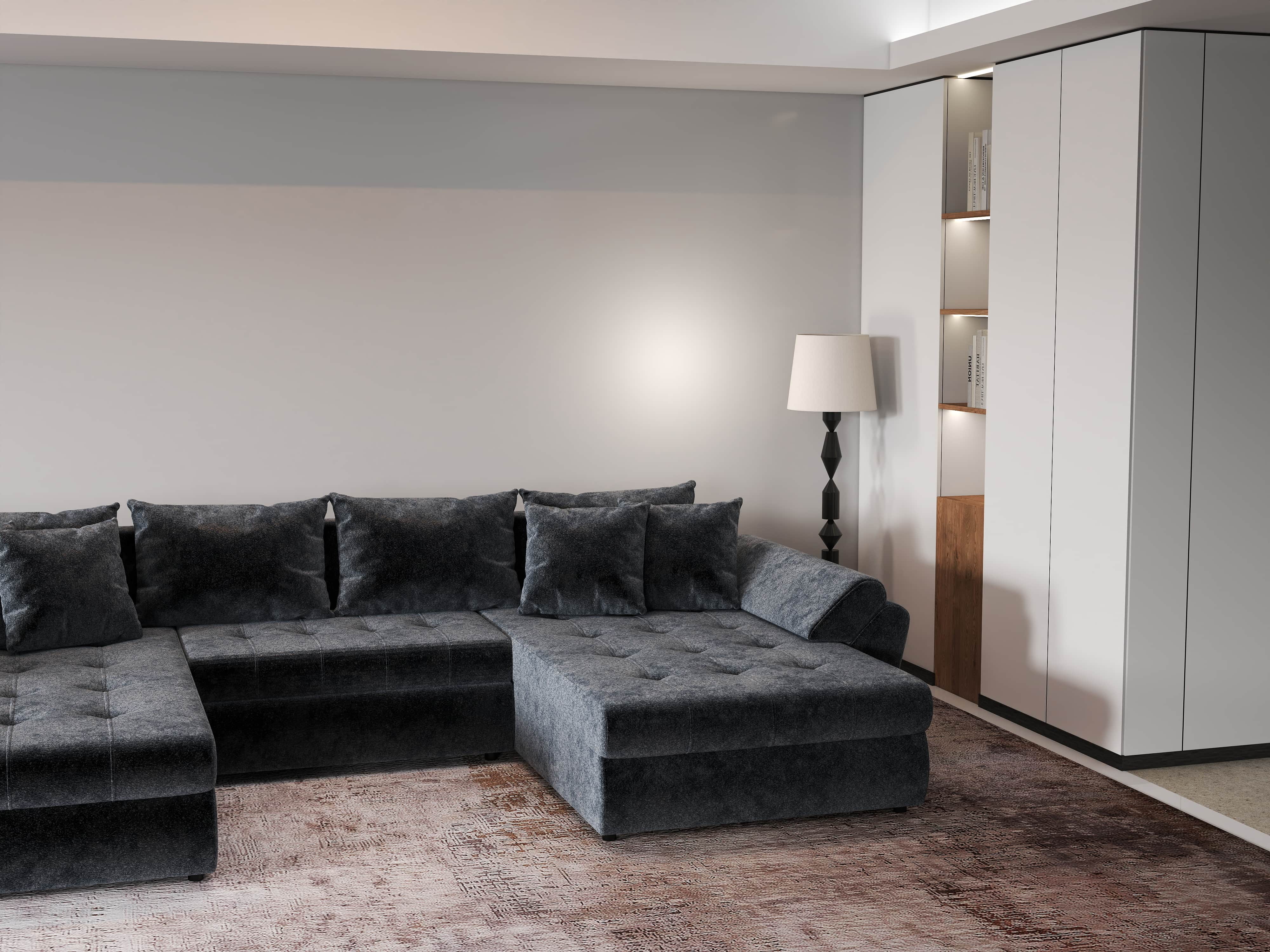 Colțar extensibil dumonde cu ladă de depozitare si sezut confortabil din spuma HR, Loana U Euphoria Grafit 355x185 cm Fabrica