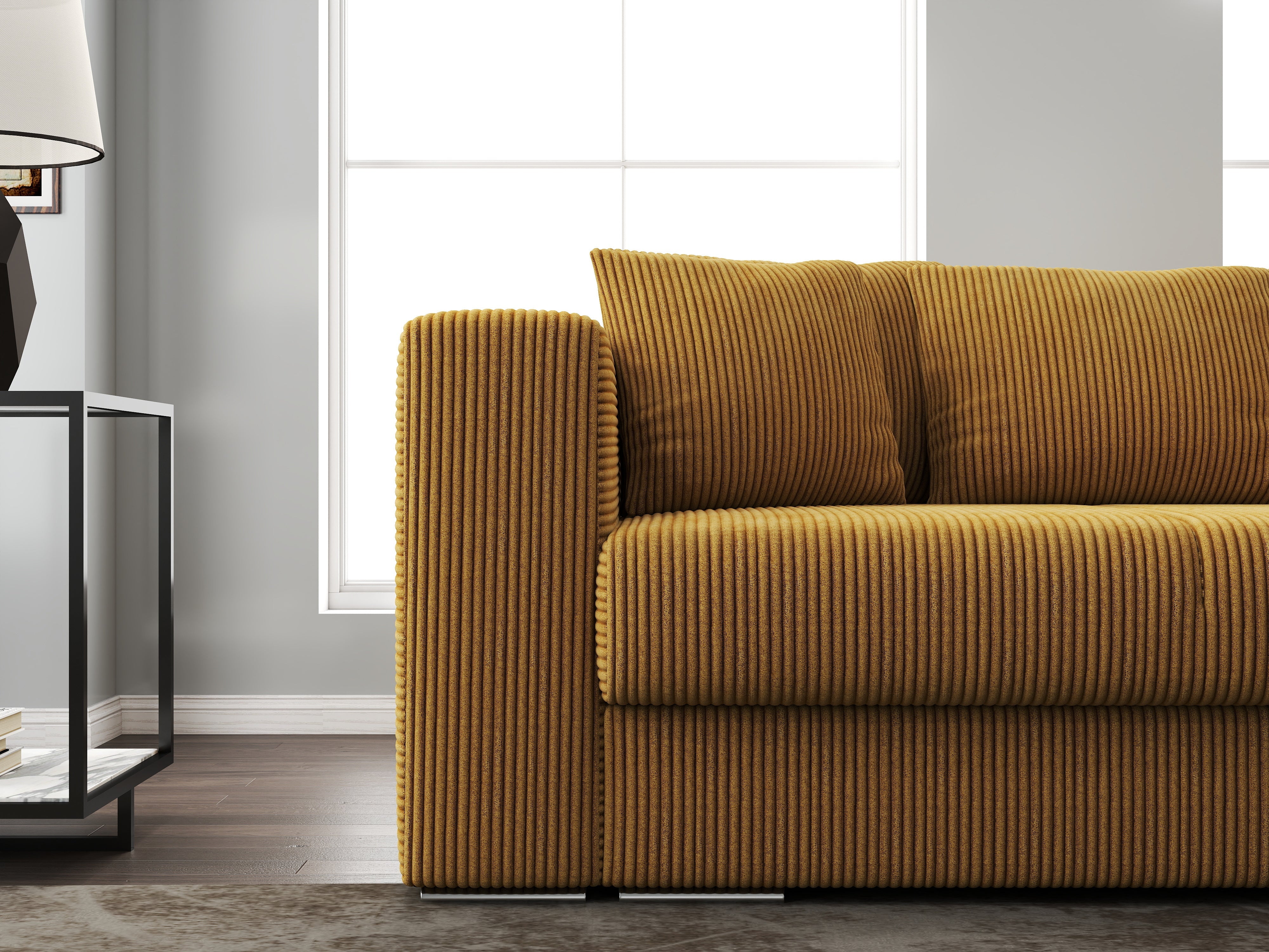 Canapea extensibilă dumonde cu ladă de depozitare si sezut confortabil din spuma HR, Gloria Zoom Mustar 240x100 cm Fabrica